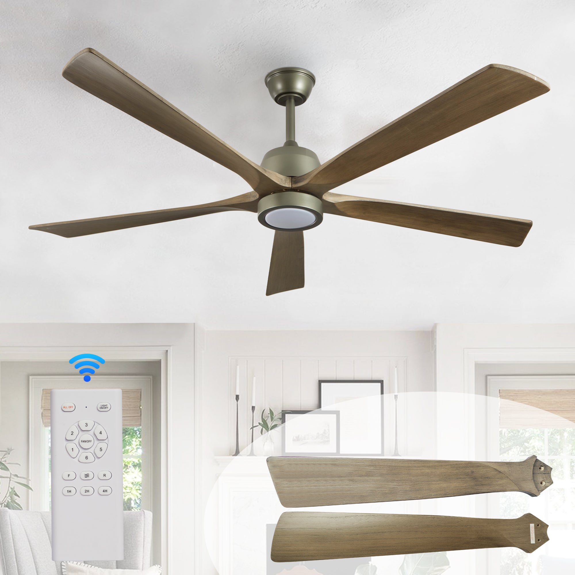 60" Modern Wood Ceiling Fan With Light And Remote Control,6 Speed Noiseless Reversible Dc Motor, Ceiling Fan For Kitchen Dinning Living Room Olive Green Wood Iron