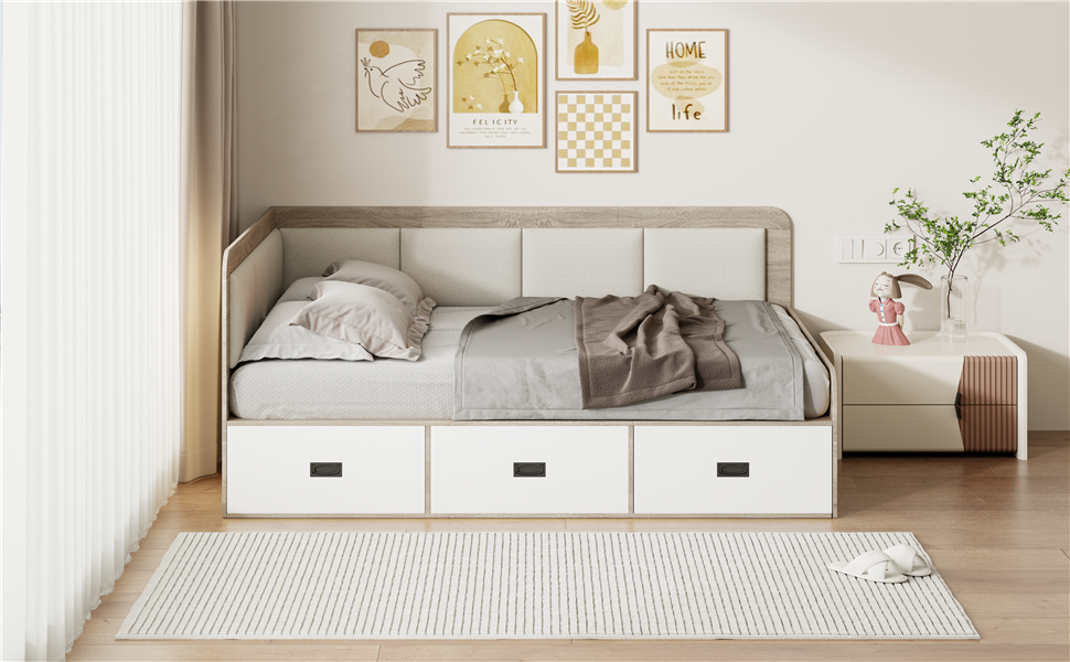 Full Size Daybed With Three Drawers And Three Storage Compartments, Nature Beige Full Beige Natural Mdf