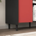 Sideboard Buffet Cabinet, Black Storage Cabinet With Red Doors2 Drawers With Unique Panel Styling And 2 Open Storage Compartment, Modern Coffee Bar Cabinet Accent Cabinet For Kitchen, Dining Room Black Red Mdf