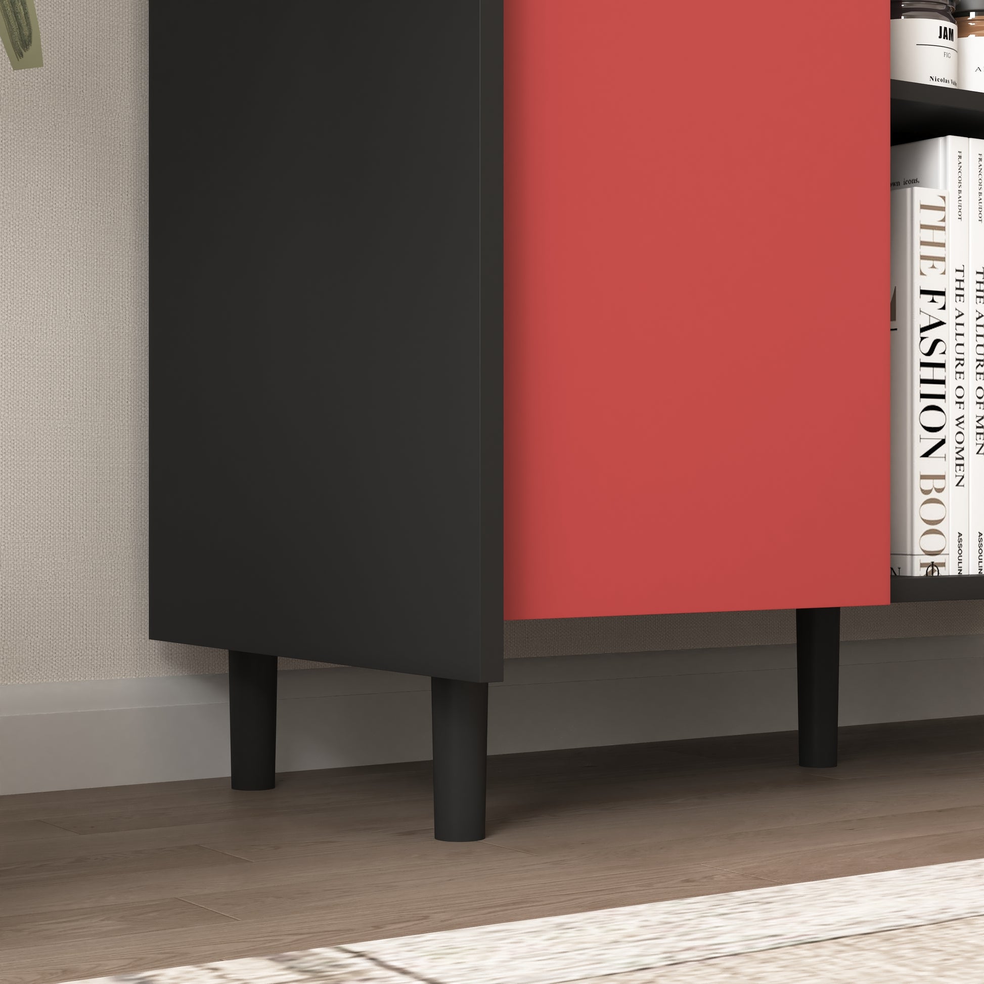 Sideboard Buffet Cabinet, Black Storage Cabinet With Red Doors2 Drawers With Unique Panel Styling And 2 Open Storage Compartment, Modern Coffee Bar Cabinet Accent Cabinet For Kitchen, Dining Room Black Red Mdf