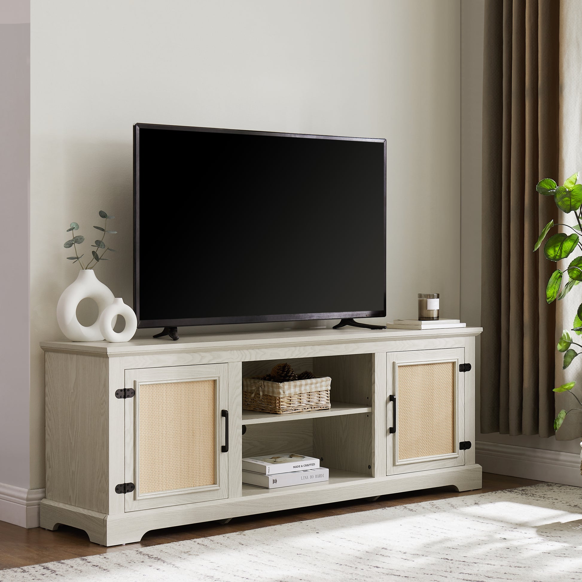 Farmhouse Rattan Tv Stand Console Table For Tvs Up To 70 Inches, Tv Console Table With 2 Storage Shelves, 2 Natural Rattan Door Cabinets,65"W*15.55"D*23.86"H, White Antique White 70 79 Inches Mdf