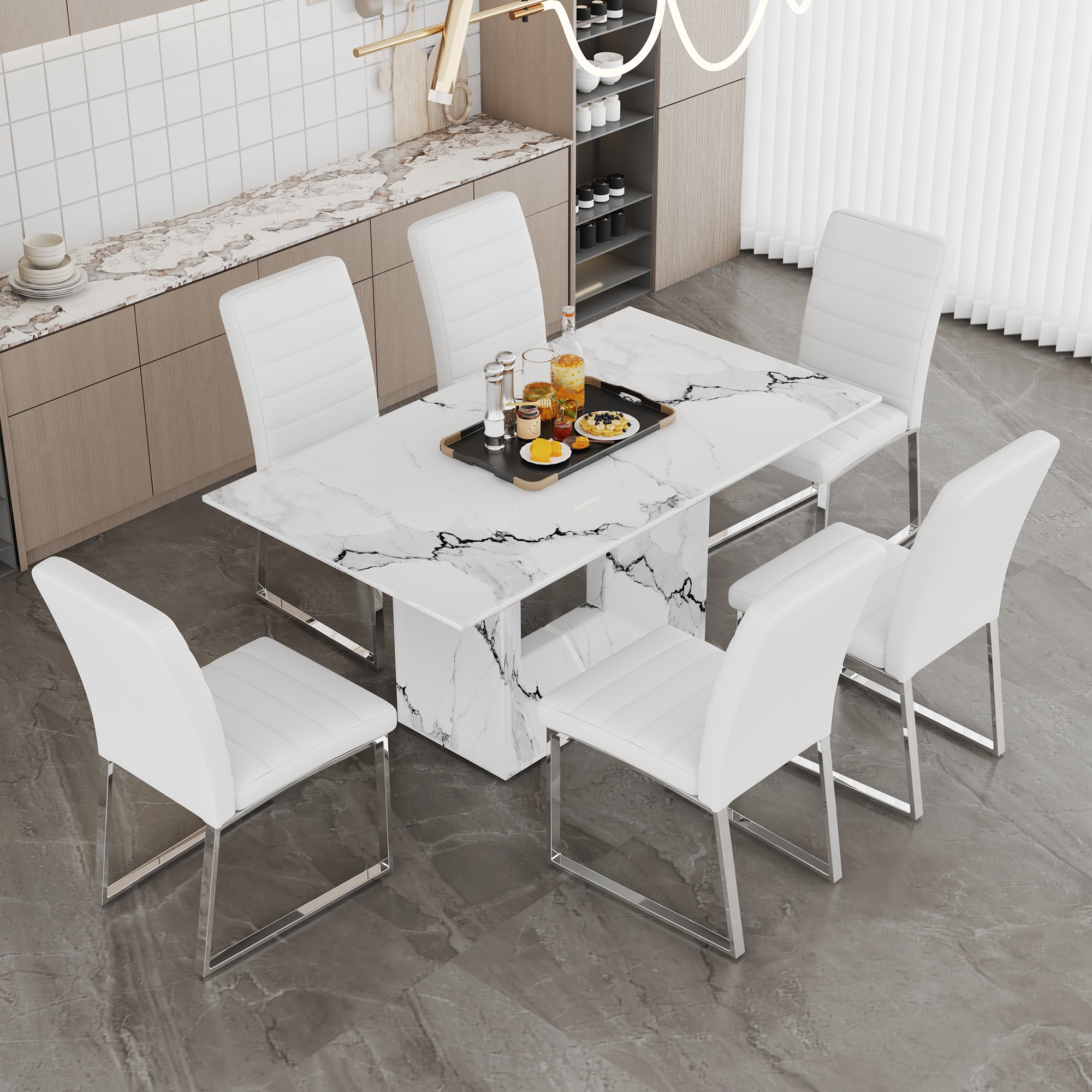 Table And Chair Set.63"X35.4" White Marble Patterned Mdf Dining Table Set With 6 Armless White Pu Chairs.The Backrest Of The Dining Chair Is Designed With Multiple Horizontal Stripes. White Seats 6