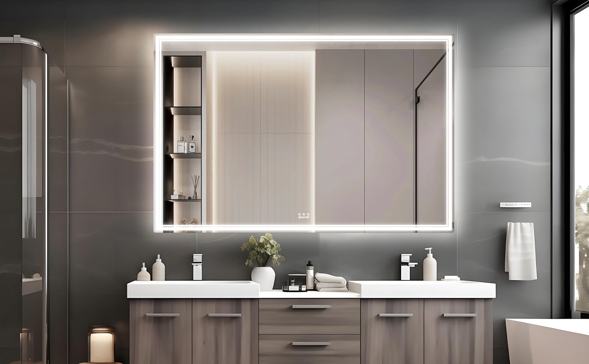 60X40 Inch Oversized Led Bathroom Mirror Wall Mounted Mirror With 3 Color Modes Aluminum Frame Large Wall Mirror For Bathroom Silver Aluminium