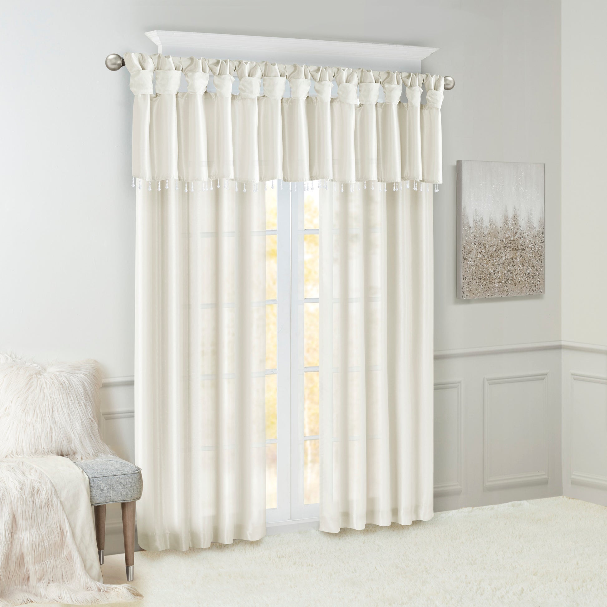 Lightweight Faux Silk Valance With Beads White 50X26" White Microfiber