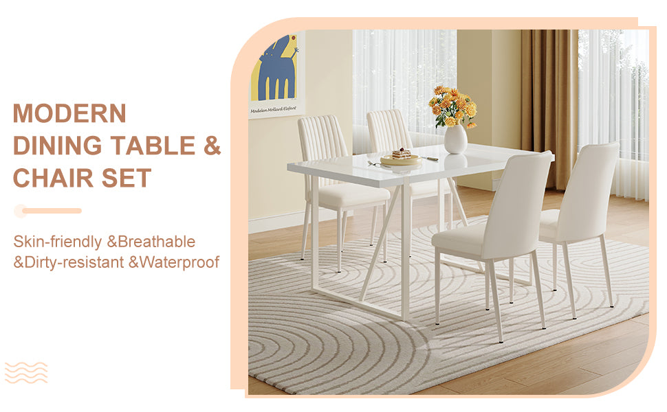 55"X31.5"Cream Style White Mdf Dining Table Set With 4 Armless Chairs.The Backrest Of The Dining Chair Is Designed With Multiple Vertical Stripes.Adding A Warm Atmosphere To Your Family. White Seats