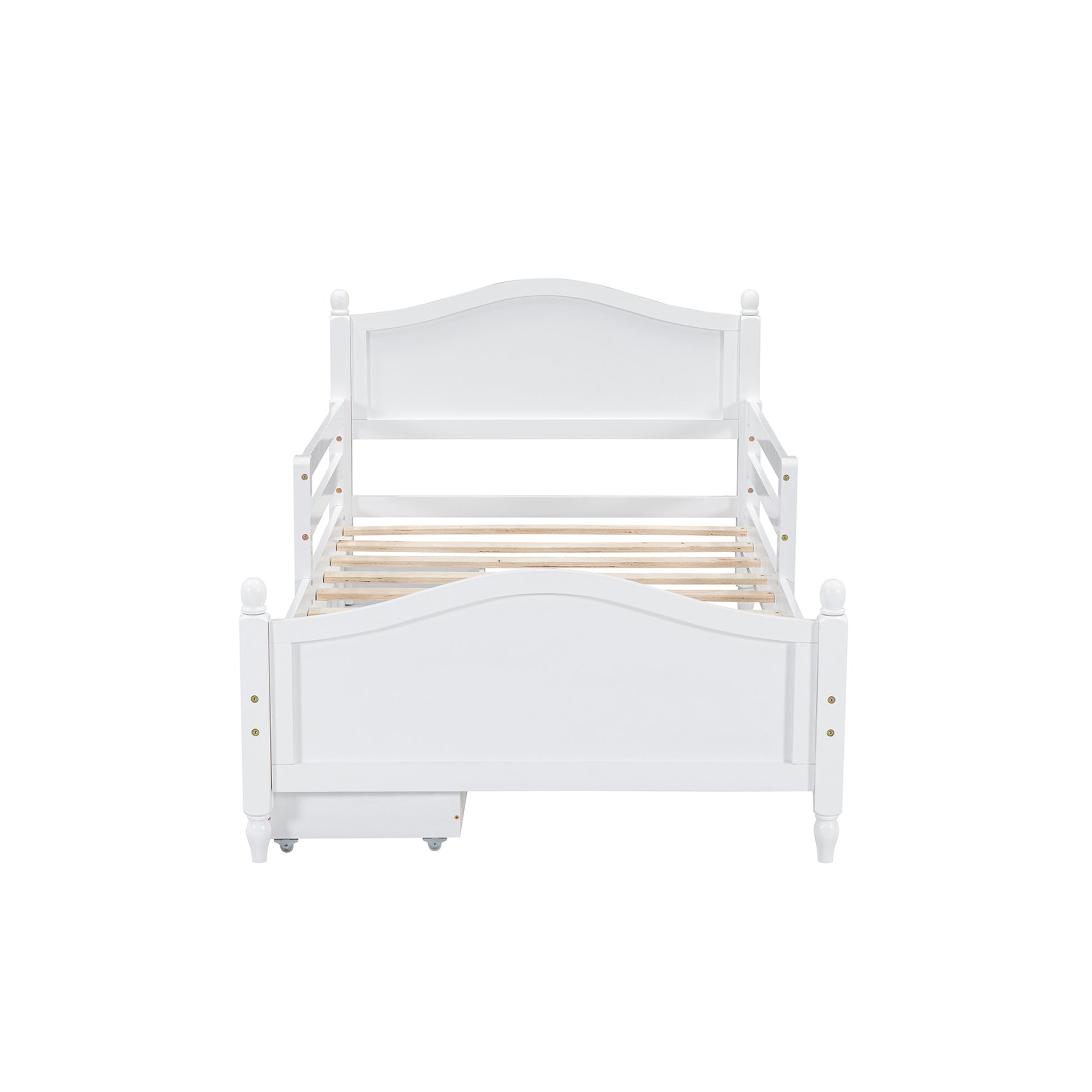 Twin Size Wood Platform Bed With Guardrails On Both Sides And Two Storage Drawers ,White Twin White Wood