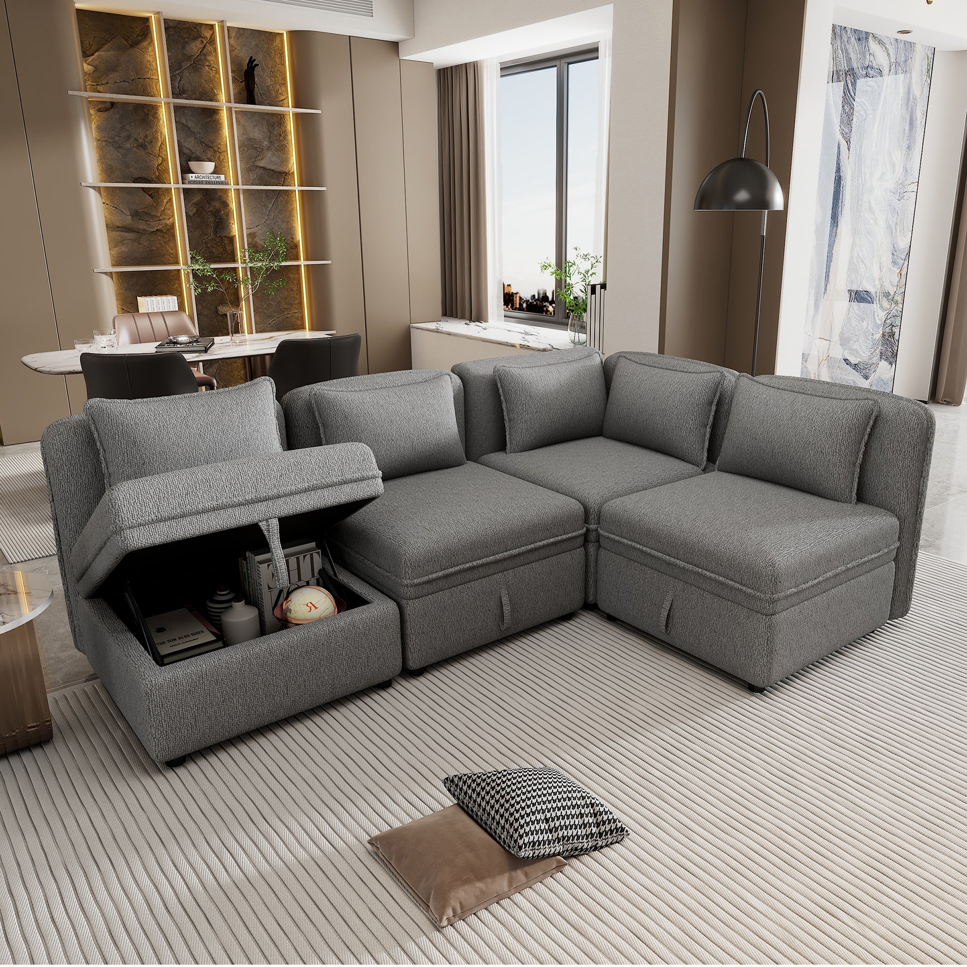 122.8" Convertible Modular Minimalist Sofa Free Combination 4 Seater Sofa Chenille Fabric Sectional Sofa With 5 Pillows For Living Room, Office, Apartment, Small Space, Gray Gray Foam Chenille 4 Seat