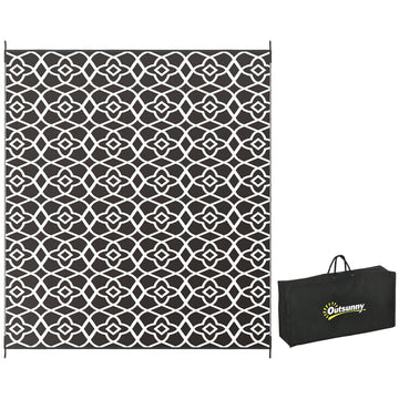 Outsunny Reversible Outdoor Rug, 8' X 10' Waterproof Plastic Straw Floor Mat, Portable Rv Camping Carpet With Carry Bag, Large Floor Mat For Backyard, Deck, Picnic, Beach, Black & White Cr Multicolor Polypropylene