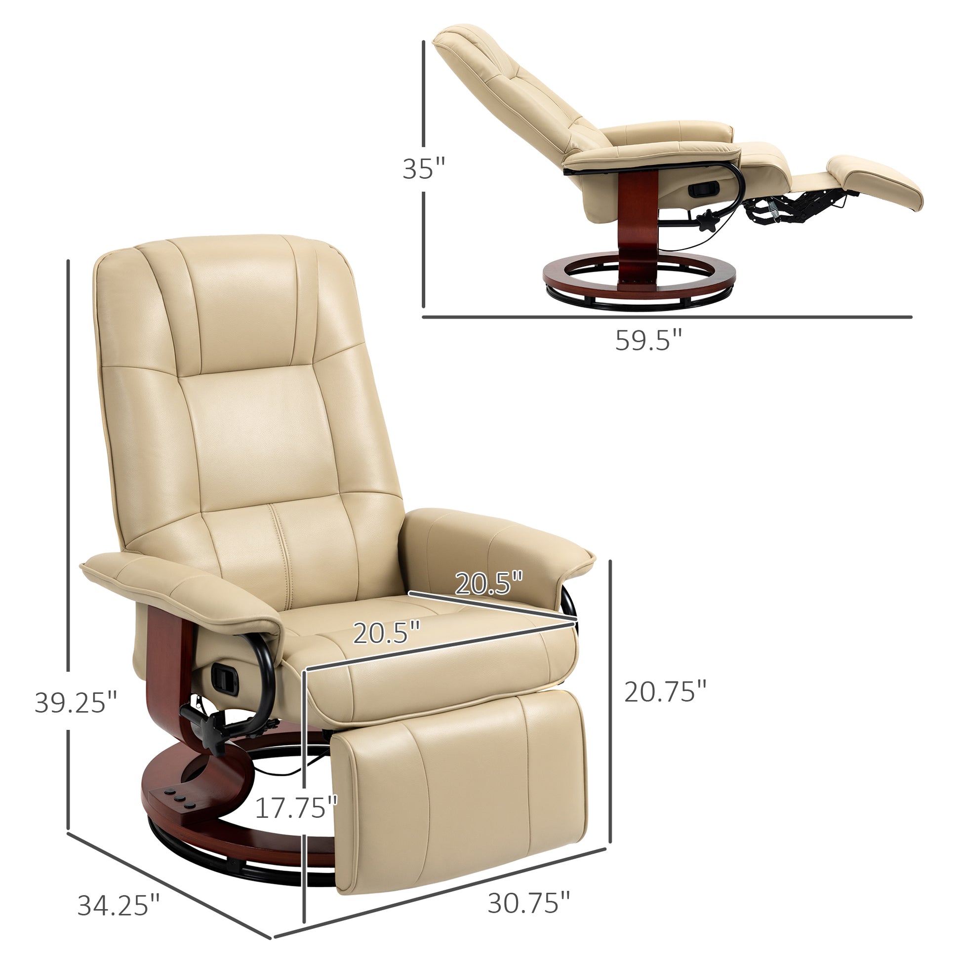 Homcom Faux Leather Manual Recliner With Swivel Wood Base, White Cream White Pu Leather