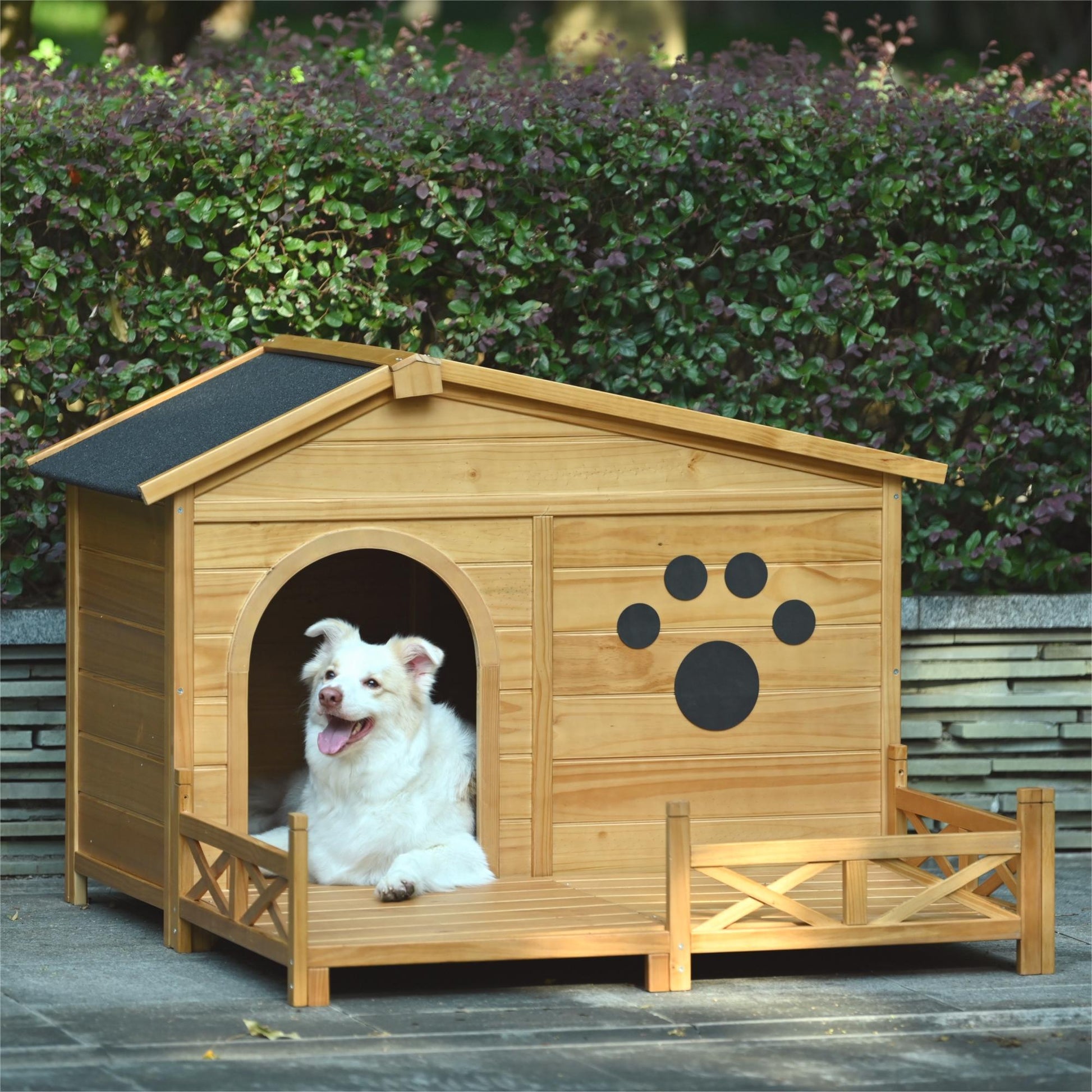 48" Wooden Dog House Outdoor With Porch, Dog Kennel With Water Resistant Asphalt Roof And Fencing,Indoor & Outdoor Dog Crate With Paw Print, Medium, Nature Natural Outdoor Kennel Medium 26 40 Lbs