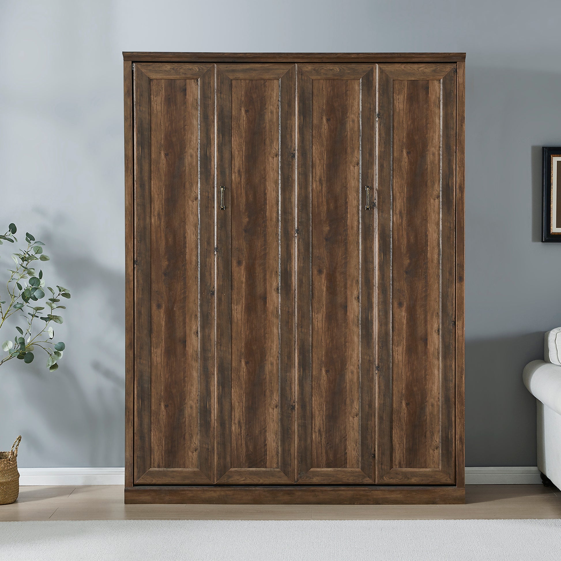 Queen Size Half Self Close And Open Murphy Bed Cabinet Space Saving Bed Perfect For Guest Room, For Bed Room, Guest Room, Home Office, Brown Box Spring Not Required Queen Brown Wood Brown Pine Murphy Pine
