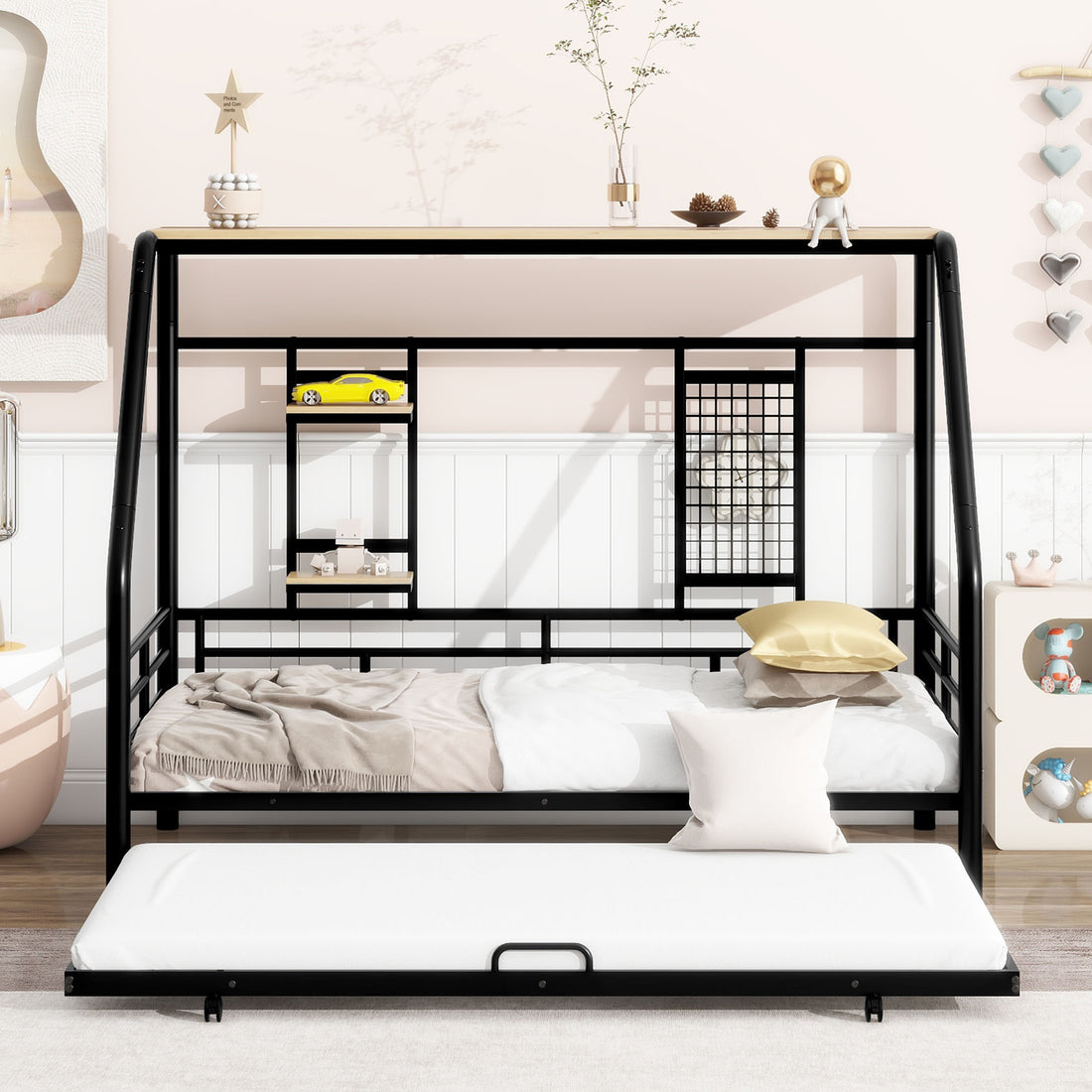 Twin Size Metal House Bed With Trundle, Black Twin Black Metal