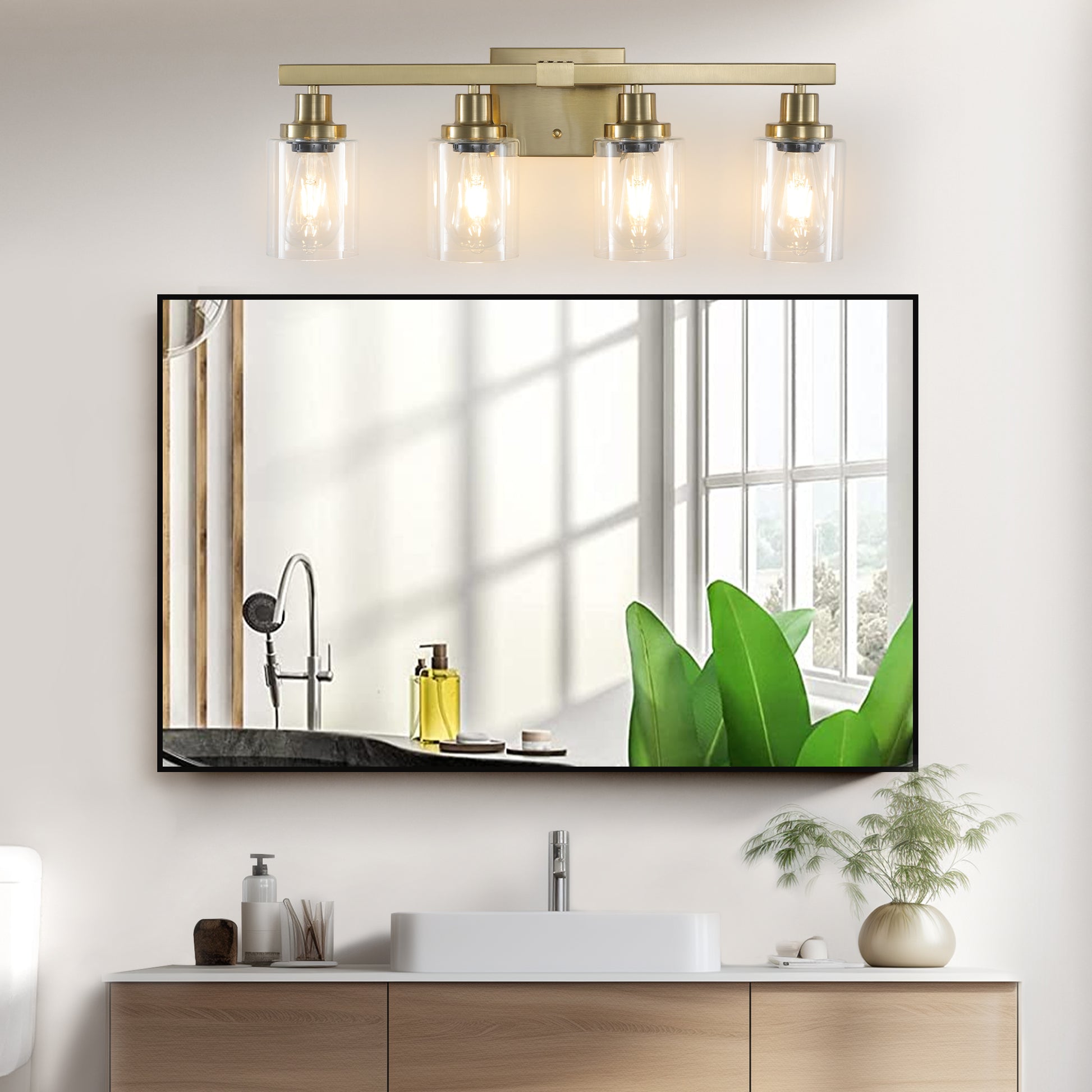 Golden 4 Light Vanity Light With Clear Glass Shades, Modern Iron Metal Bathroom Wall Fixture For Mirror, Ideal For Bathroom And Dressing Table No Bulbs Golden Glass,Iron