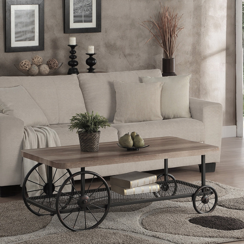 Oak And Antique Grey Coffee Table With Shelf Oak Primary Living Space Shelves Rectangular Wood Metal