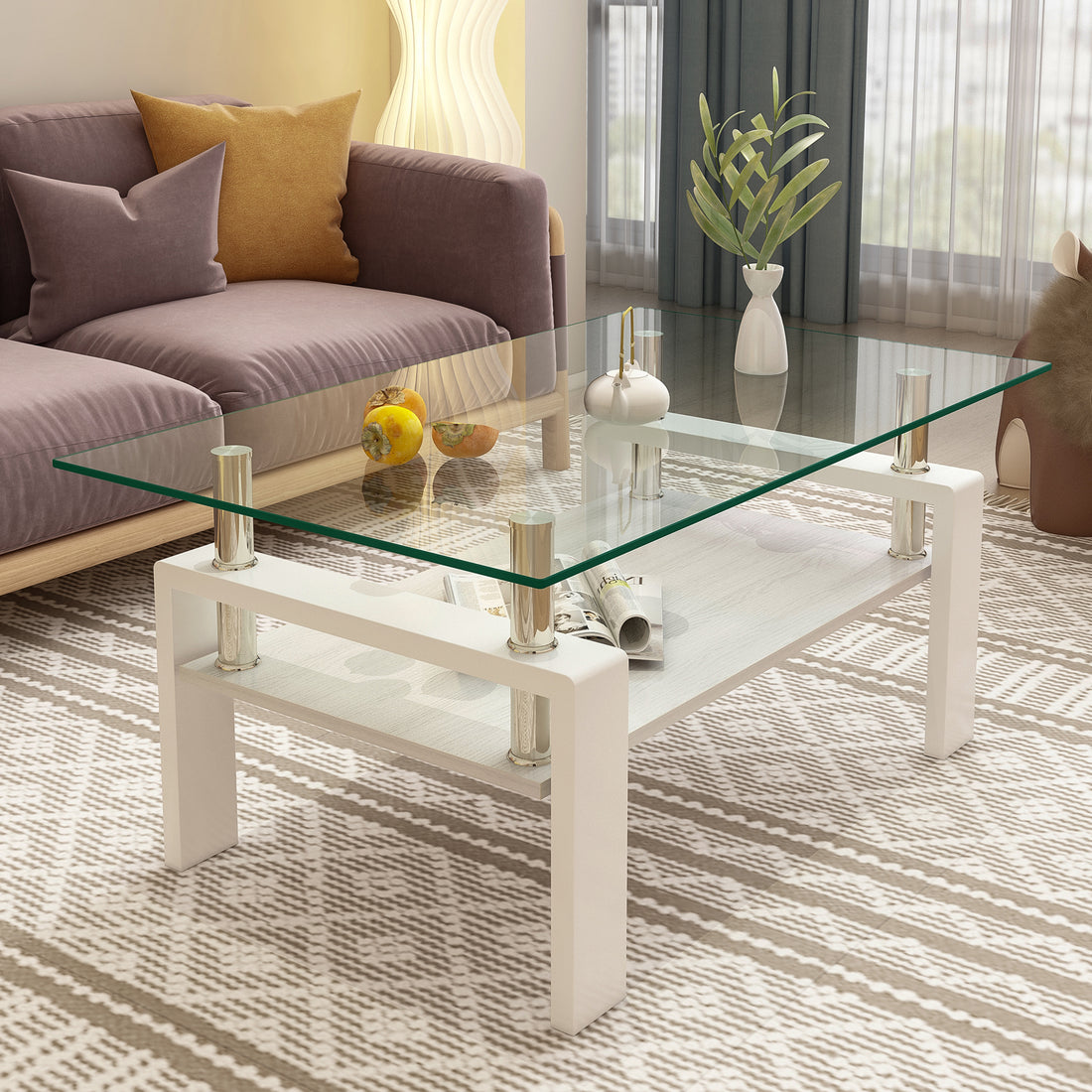 Rectangle Coffee Table, Tempered Glass Tabletop With Mdf Layer, Modern Table For Living Roomtransparent Glass Transparent Tempered Glass