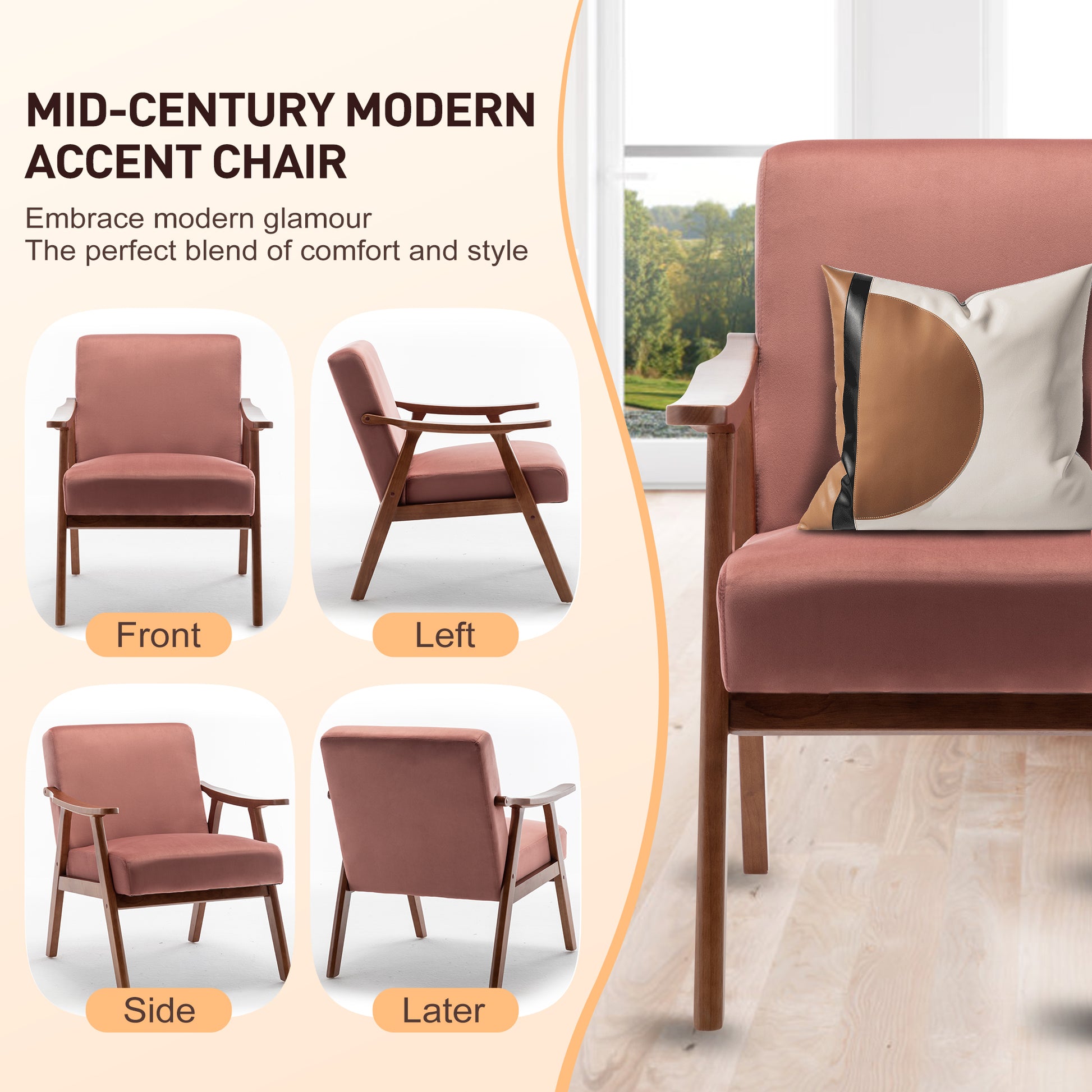 Mid Century Modern Chair, Living Room Chair With Solid Wood Frame, Accent Chair Extra Thick Backrest, Wingback Chair For Bedroom, Reading Room, Living Room, Lounge Chair Indoor Pink Primary Living Space Mid Century Modern Foam Velvet