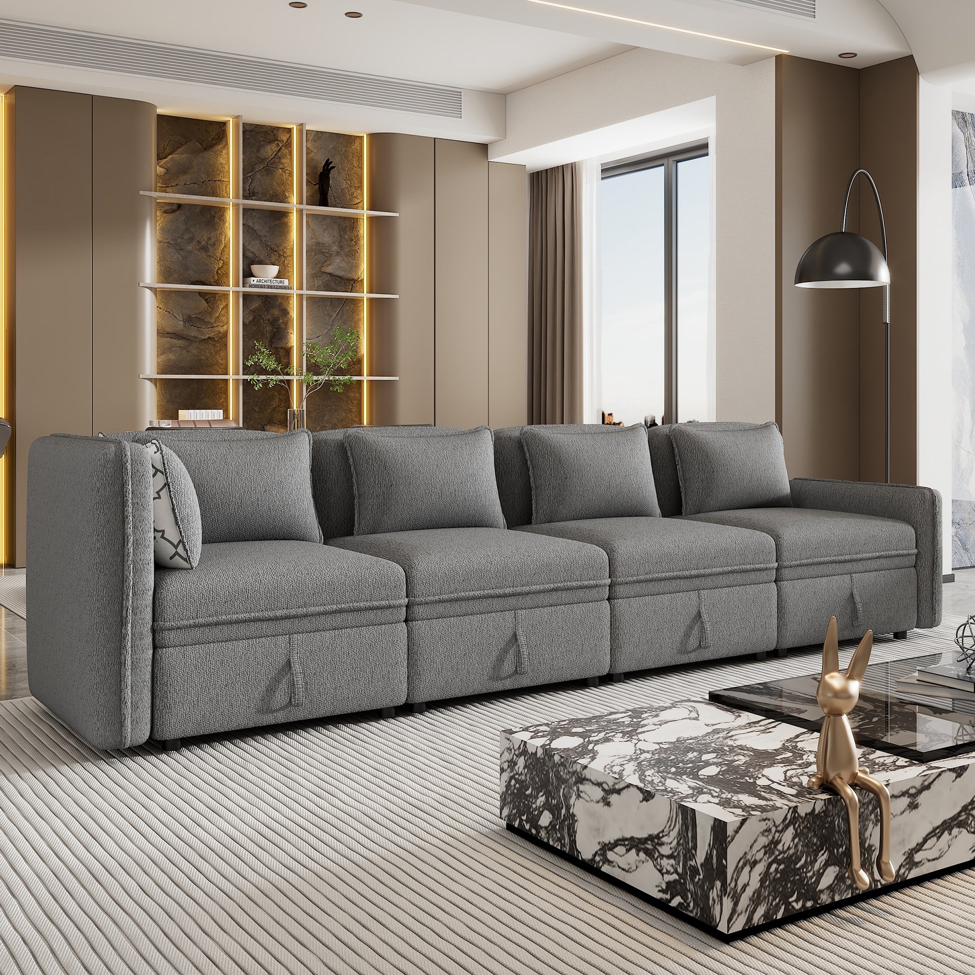 122.8" Convertible Modular Minimalist Sofa Free Combination 4 Seater Sofa Chenille Fabric Sectional Sofa With 5 Pillows For Living Room, Office, Apartment, Small Space, Gray Gray Foam Chenille 4 Seat