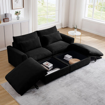 Corduroy Two Seater Sofa With 2 Storage Footrest,2 Seater Sectional Deep Seat Sofa,Comfy Couches For Living Room,Black Sofa Black Corduroy 2 Seat