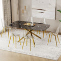 Table And Chair Set.Modern Luxurious Black Marble Patterned Tempered Glass Dining Table Set With 6 Transparent Pp Chairs.Multiple Transparent High Quality Pp Dining Chairs With Golden Legs. Gold