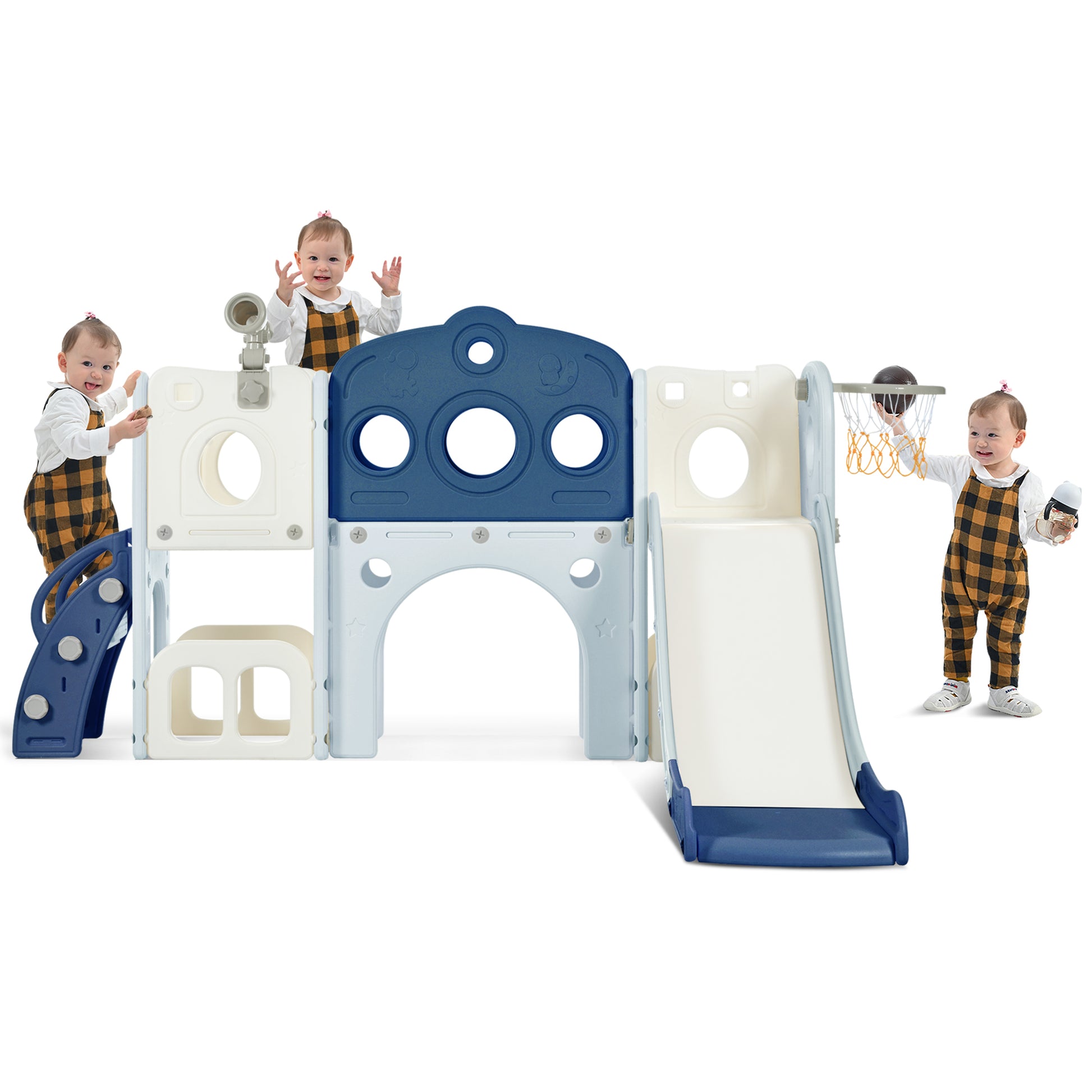 7 In 1 Toddler Slide Set, Freestanding Space Set With Slide, Kids Slide Playset Structure, Arch Tunnel And Basketball Hoop, Toy Storage Organizer For Toddlers, Kids Climbers Playground Blue 50 99 Lbs Cute 1 To 2 Years Hdpe Indoor & Outdoor Use