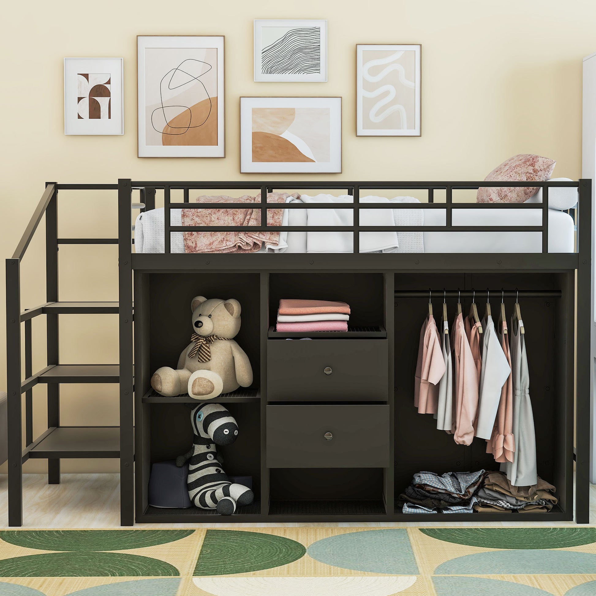 Twin Size Metal Loft Bed With Drawers, Storage Staircase And Small Wardrobe Twin Black Mdf Metal