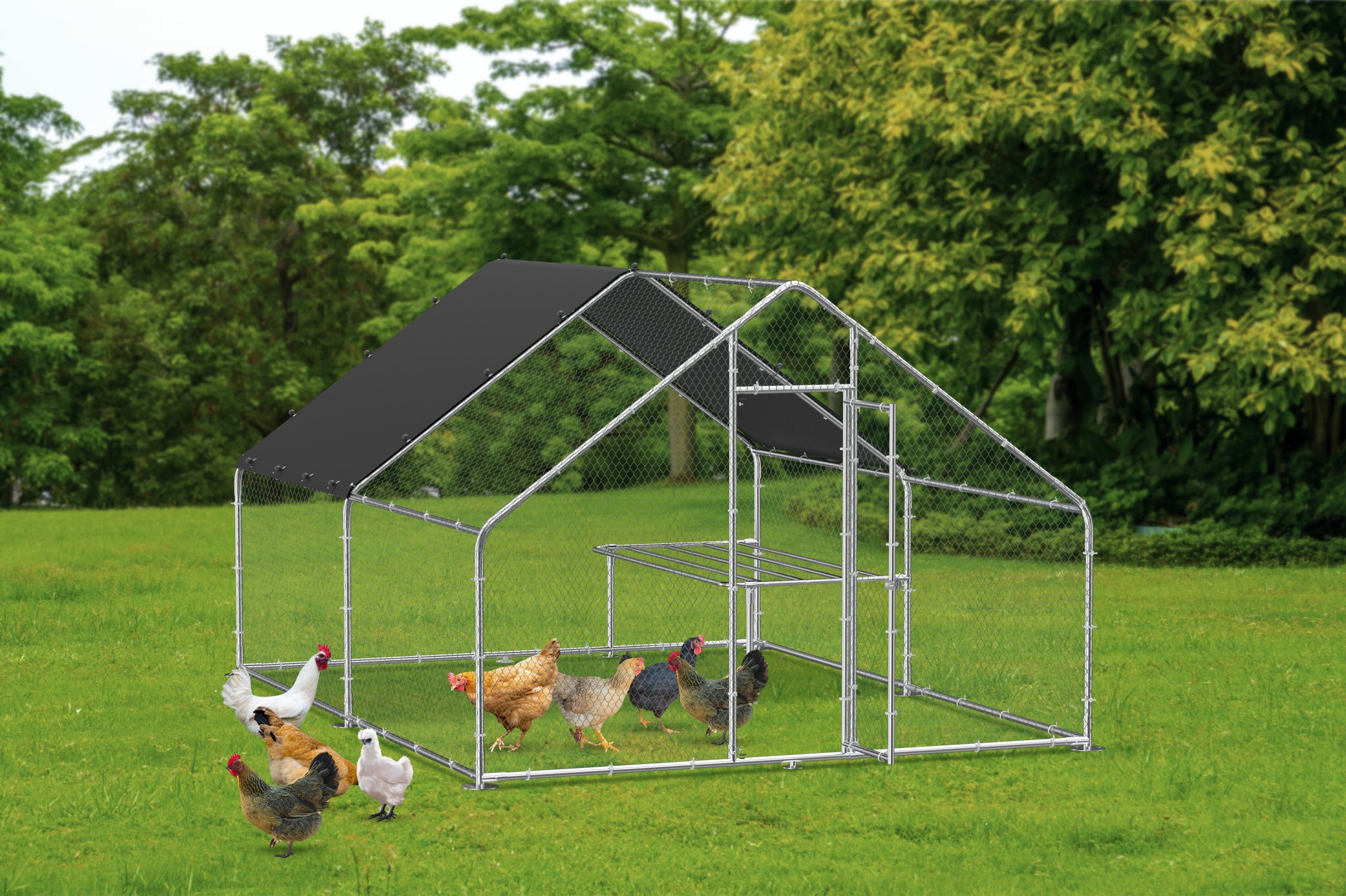 Large Metal Chicken Coop, Walk In Chicken Coop, Galvanized Wire Poultry Chicken Coop, Rabbit Duck Coop With Waterproof And Uv Protection Cover For Outdoor, Backyard And Farm. 9.8' W X 13.1' L X 6.6' H Silver Steel