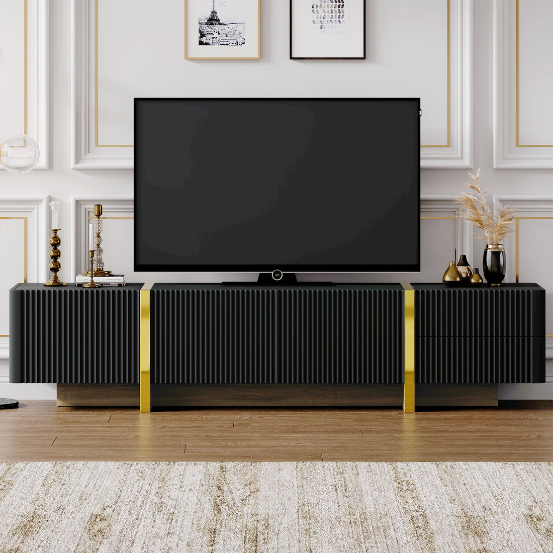 Luxury Fluted Tv Stand For Tvs Up To 80'', Modern Entertainment Center With Storage Cabinets & Drawers, Smooth Media Console With Golden Wood Grain Legs For Living Room, Black Black Primary Living Space 80 89 Inches Particle Board Mdf