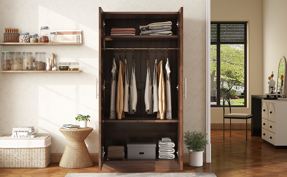 2 Door Wooden Wardrobe Armoire With 3 Storage Shelves, Brown Brown Solid Wood Mdf