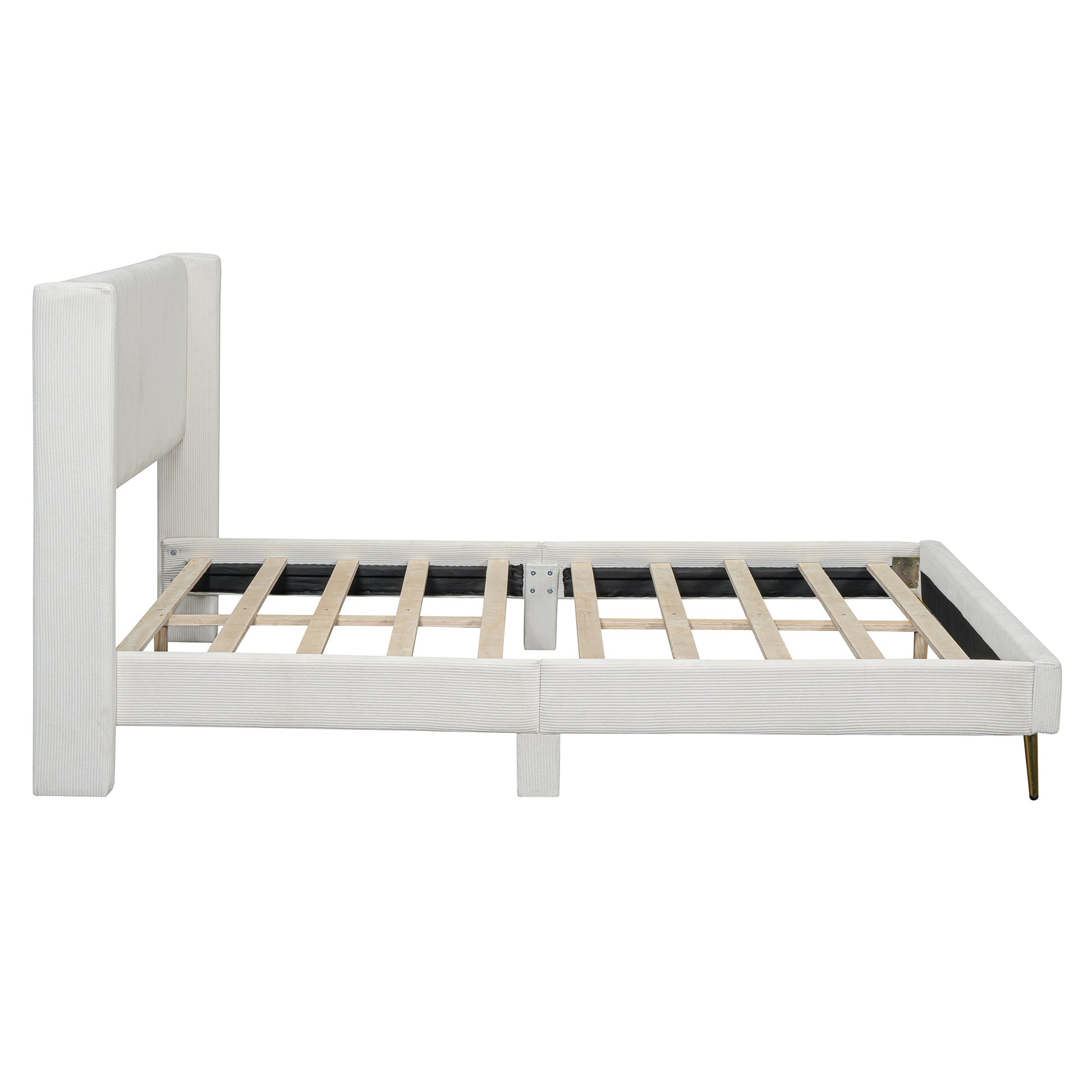 Queen Size Corduroy Platform Bed With Metal Legs, Beige Old Sku:Wf300238Aaa Queen Beige Corduroy