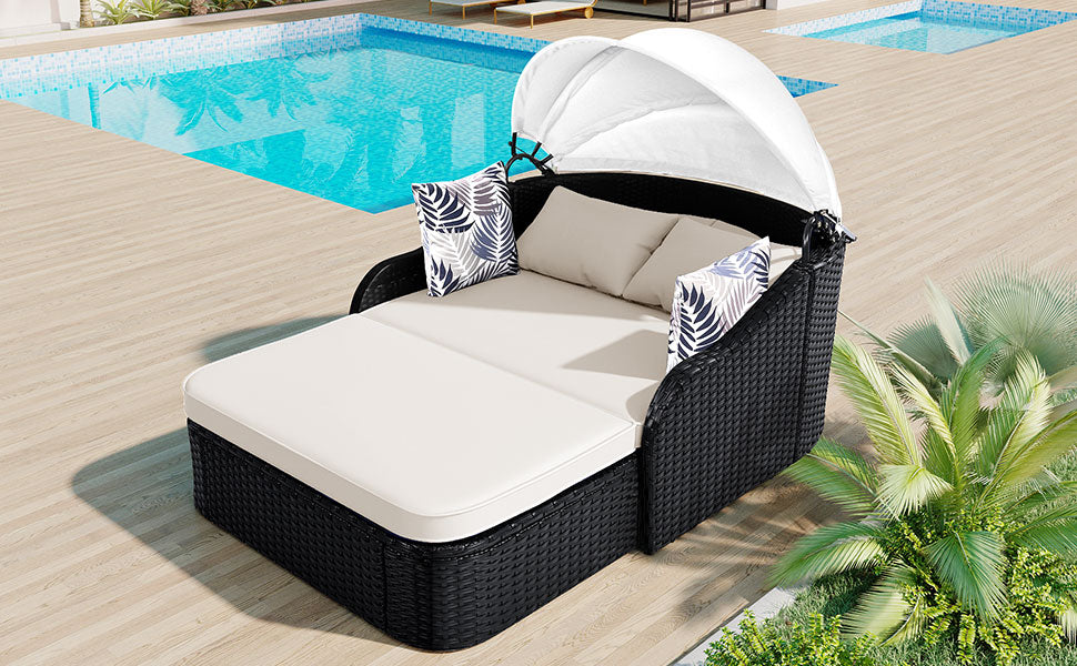 79.9" Outdoor Sunbed With Adjustable Canopy, Double Lounge, Pe Rattan Daybed, Black Wicker And Beige Cushion Yes Beige Black Wicker
