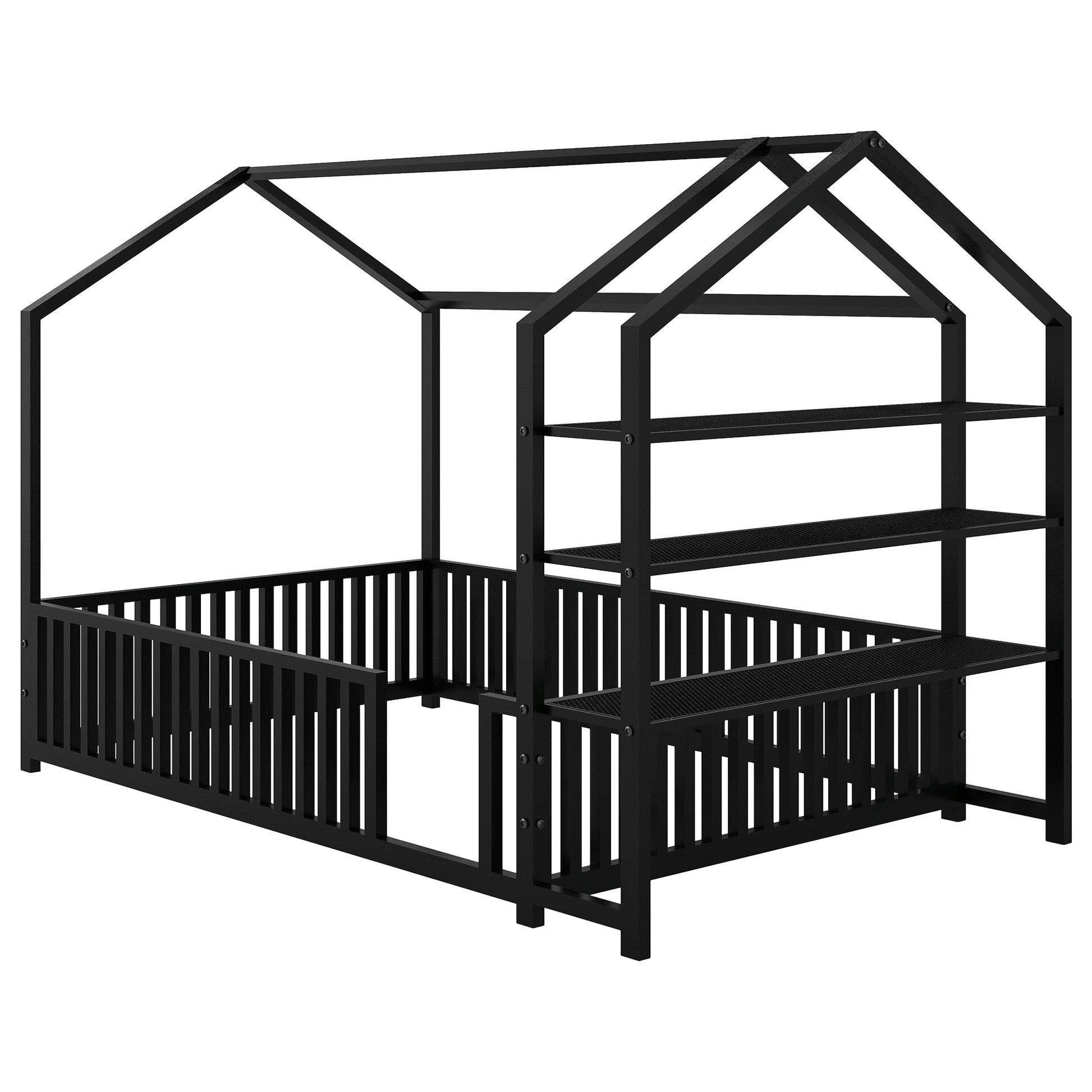 Full Size Metal House Bed With Fence And Detachable Storage Shelves, Black Full Black Metal