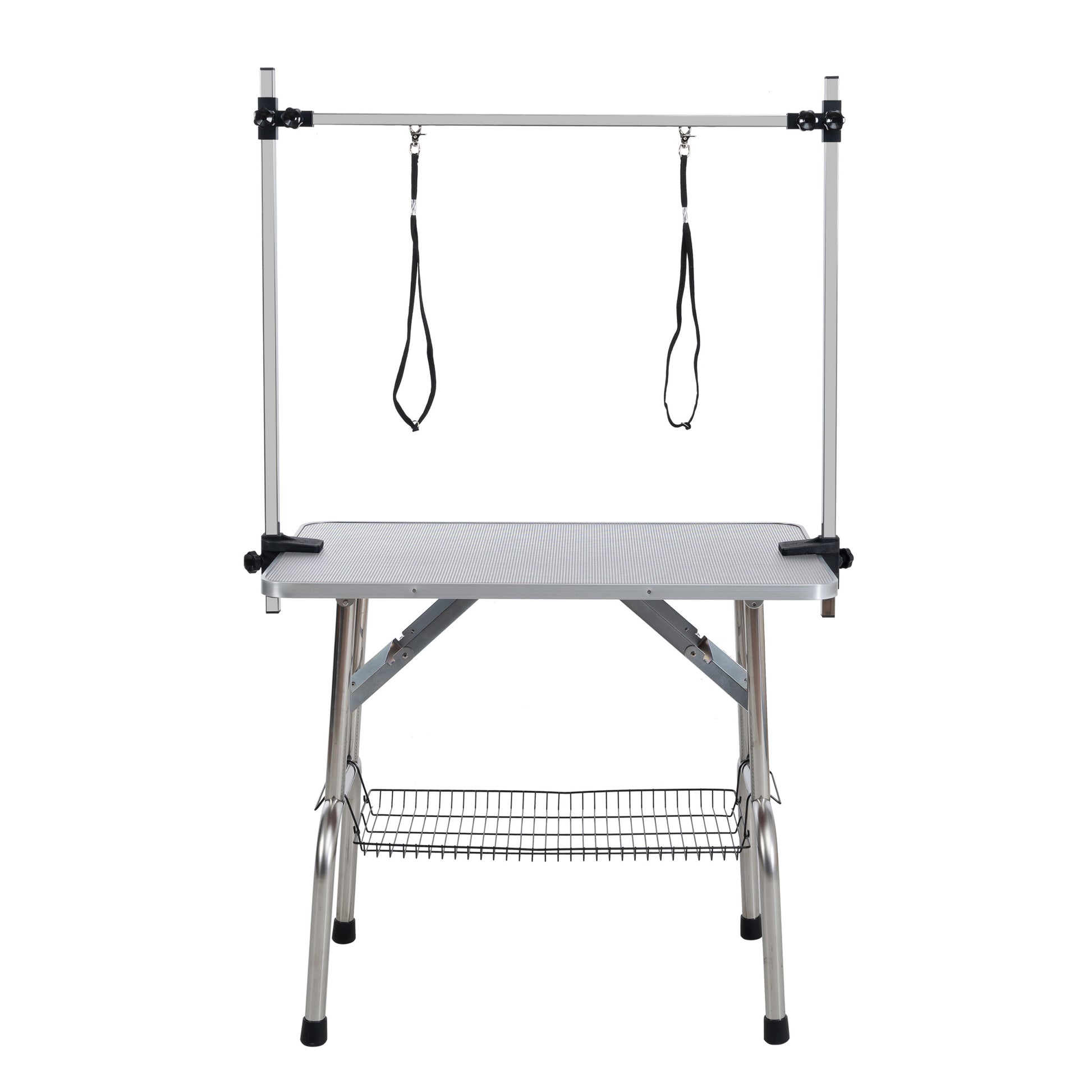 36" Folding Dog Pet Grooming Table Stainless Steel Frame Rubber Mat On Board With Adjustable Arm And Clamps Pet Dog Cat Grooming Table Silver Gray Color Silver Grey Rubber Stainless Steel