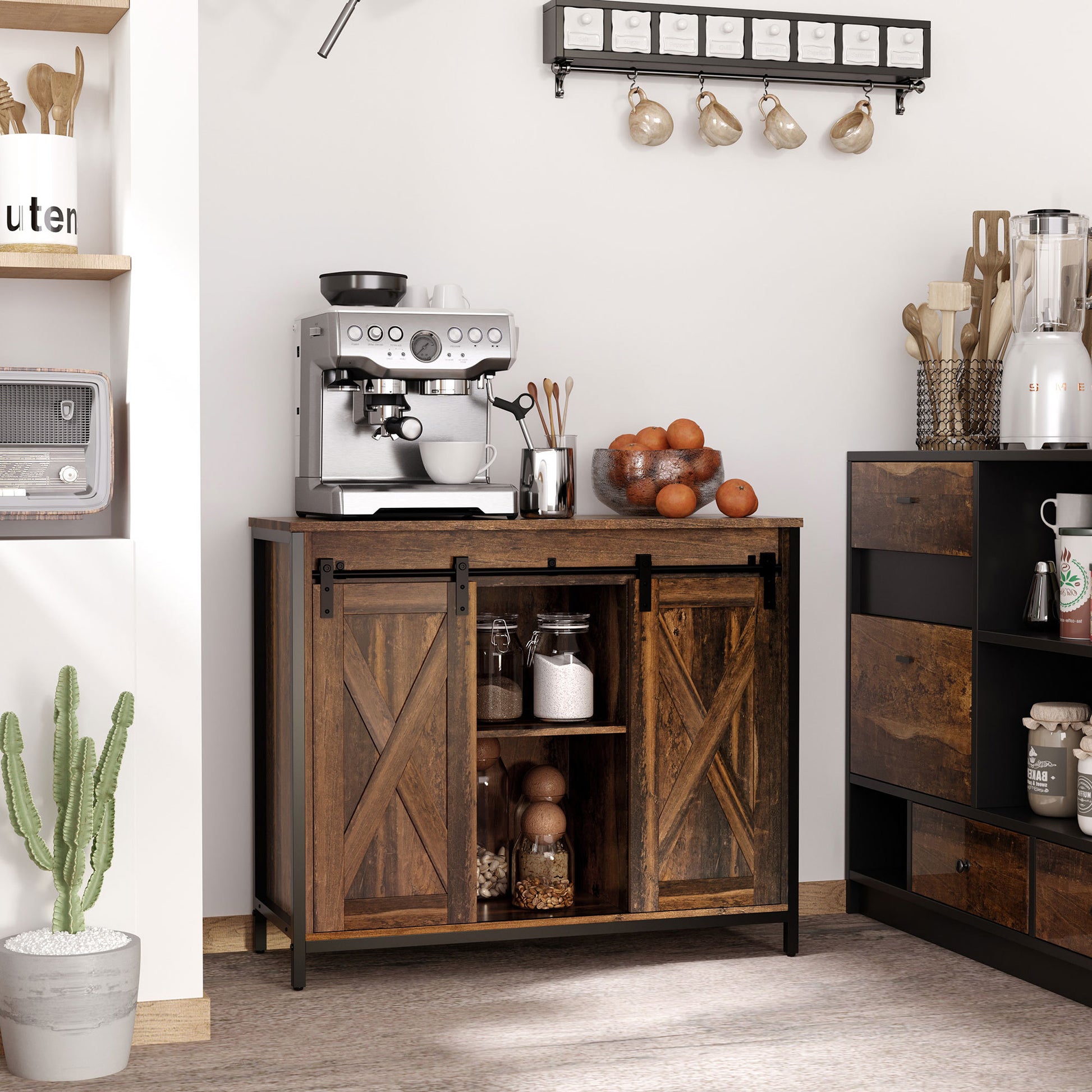 Homcom Industrial Sideboard Buffet Cabinet, Coffee Bar Cabinet, Kitchen Cabinet With Sliding Barn Doors, Storage Cabinets And Adjustable Shelves For Living Room, Home Bar, Rustic Brown Rustic Brown Mdf Steel