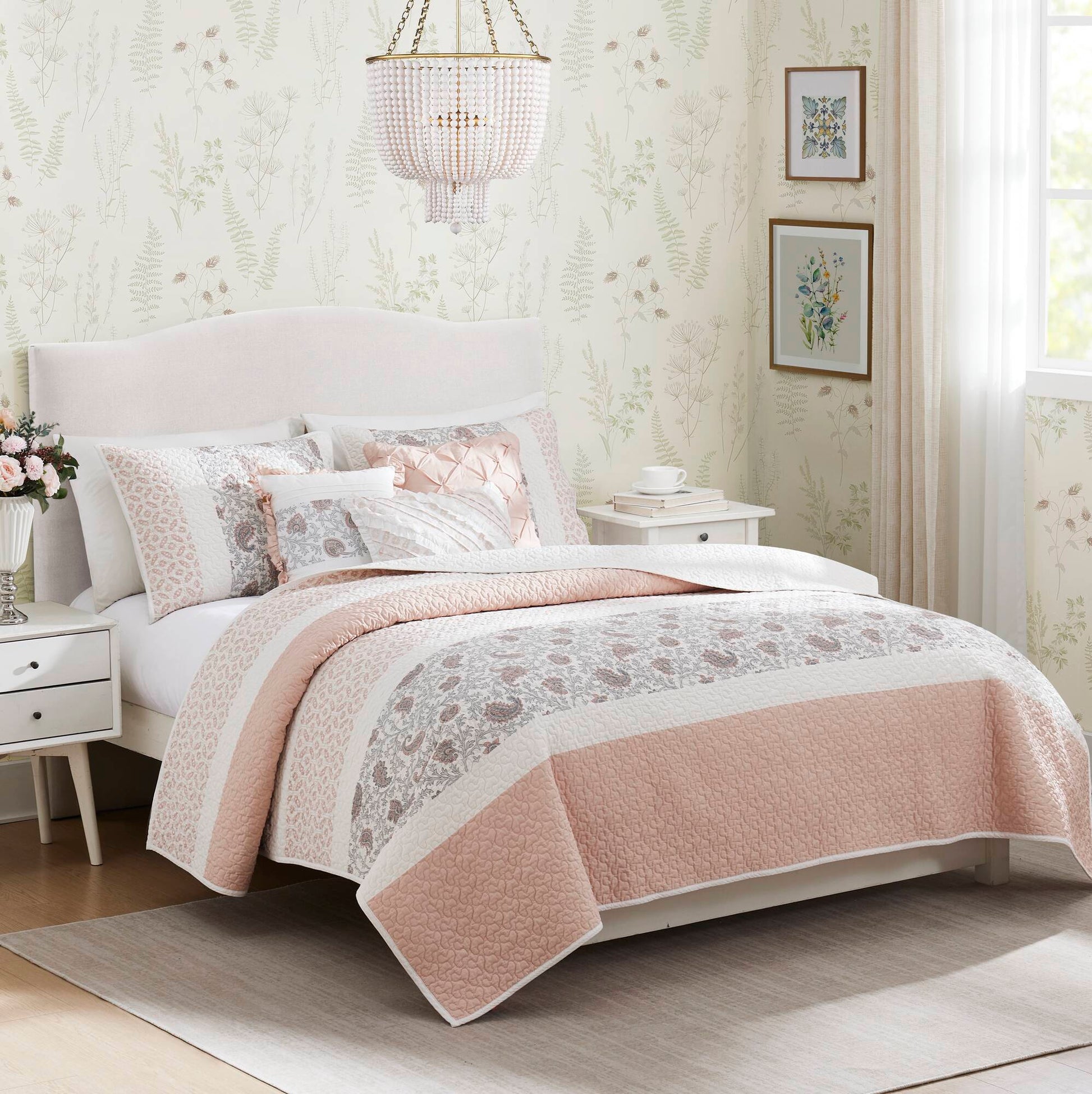 6 Piece Cotton Percale Quilt Set With Throw Pillows Blush Full Queen Full Blush Polyester