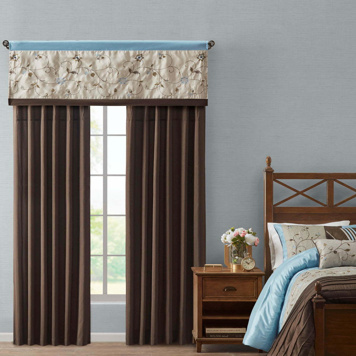 Embroidered Window Valance Blue 50X18" Blue Polyester