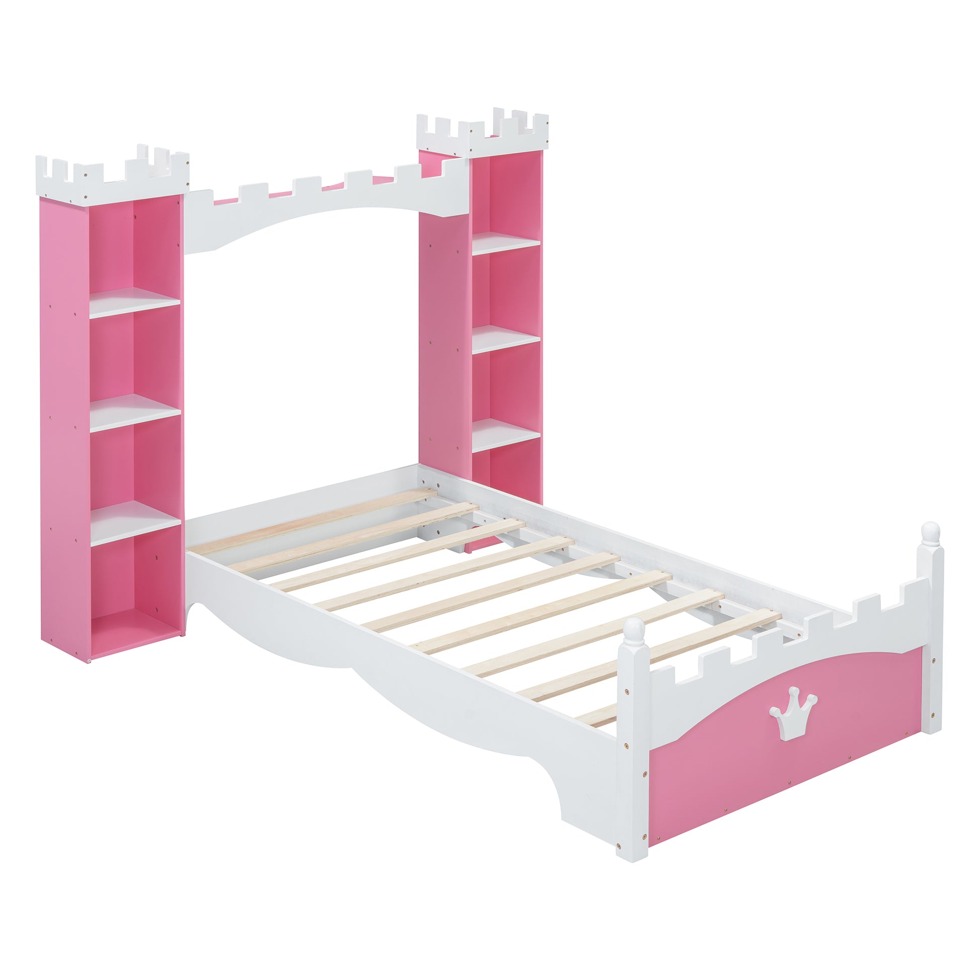 Castle Shaped Wooden Bed With Storage Shelf, Dreamy Twin Size Platform Bed For Kids Bedroom, Pink White Expected Arrival Time:8.14 Twin Pink White Wood