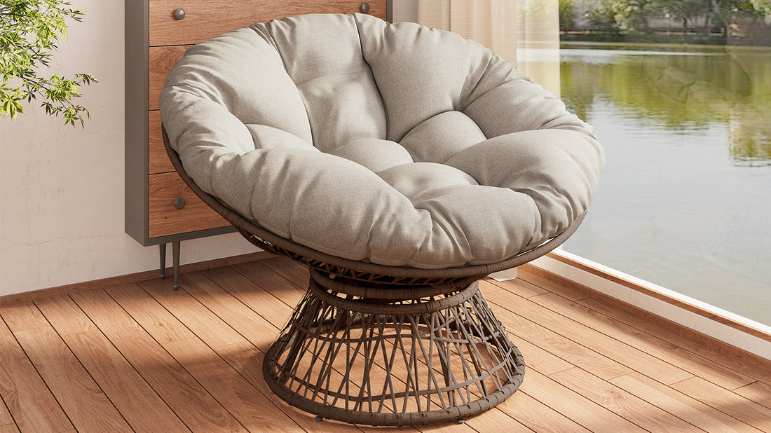 41.5" Ergonomic Wicker Chair With Cloud Thick Density Fabric Cushion,3 Proof Cover,High Capacity Iron Frame,Fluid 360 Degree Swivel For Reading,Living Room, Bedroom,Lounge,Brown Base,2 Colors