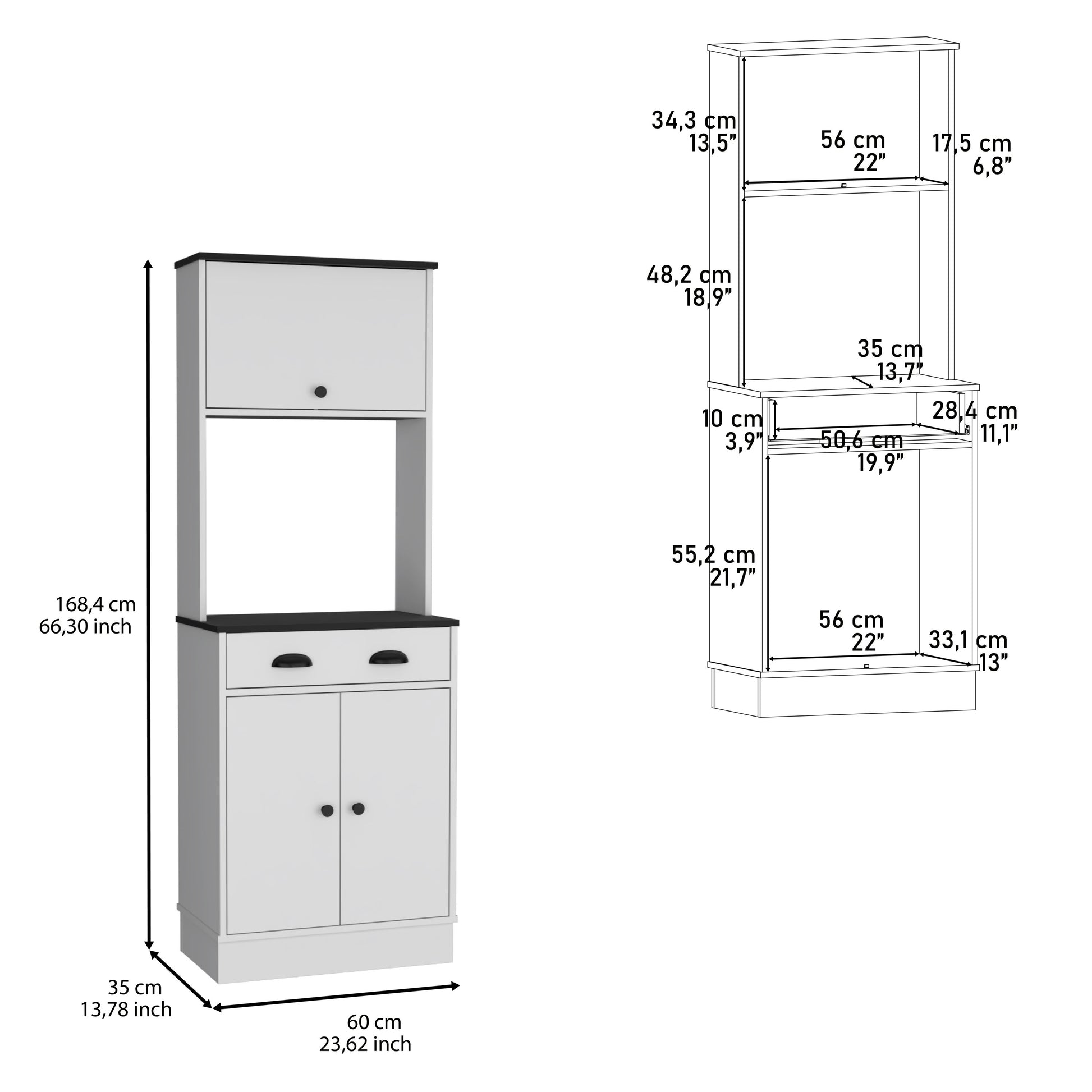 Apex Kitchen Pantry 66.3" H With Drawer, 2 Cabinets, And Microwave Stand, White Black White Black Solid Wood Mdf Engineered Wood