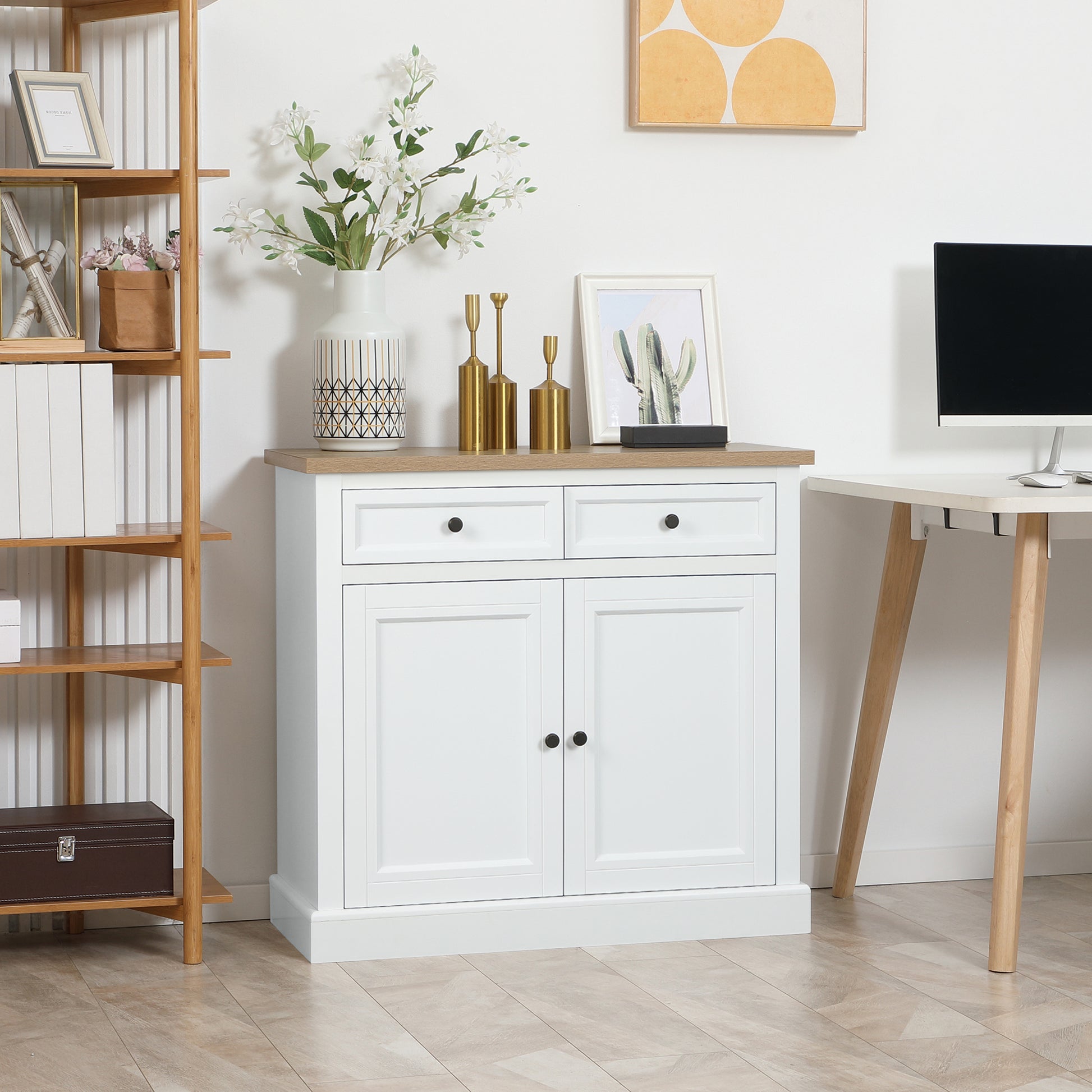 Homcom Sideboard Buffet Cabinet, Kitchen Cabinet, Coffee Bar Cabinet With 2 Drawers And Double Door Cupboard For Living Room, Entryway, White White Mdf