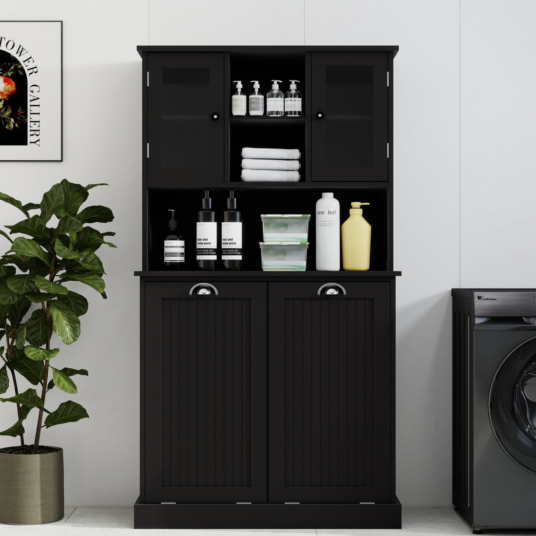 Two Compartment Tilt Out Dirty Laundry Basket Tall Bathroom Cabinet With 2 Adjustable Shelves Black Black Mdf