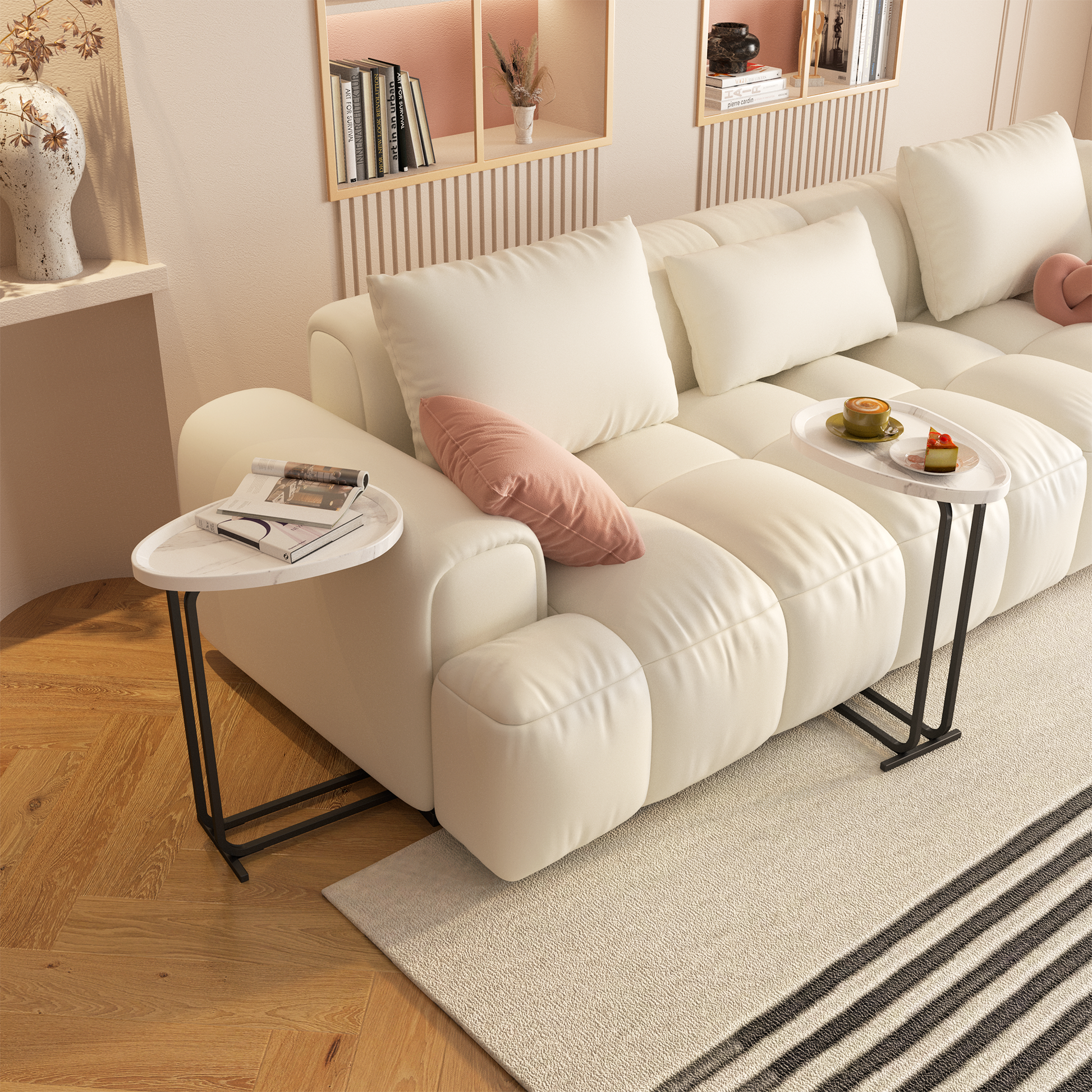 C Shaped Side Table, C Table End Table For Sofa And Bedside, Couch Side Tables, Wood C Shaped End Table With Metal Frame Slide For Bedroom Living Room White White Mdf Metal