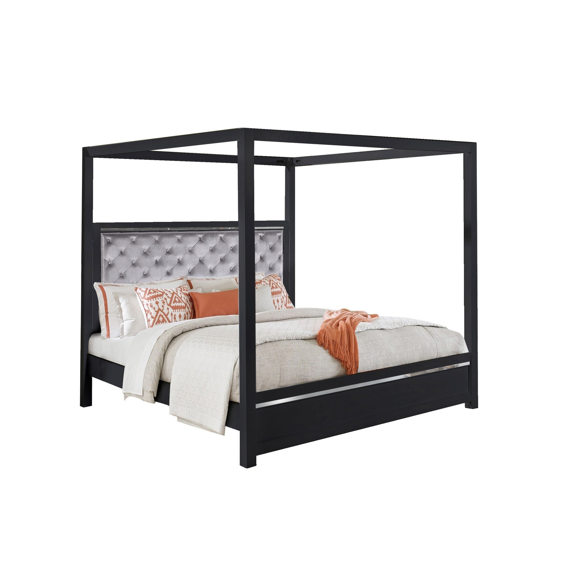 Abrie Solid Wood Canopy Queen Bed, Button Tufted, Touch Led, Dark Gray Queen Gray Solid Wood