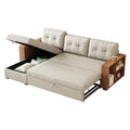 Upholstered Pull Out Sectional Sofa With Storage Chaise, Convertible Corner Couch, Beige Wooden Handrail Beige Wood Medium Soft Pillow Back Modern Square Arms Linen 3 Seat