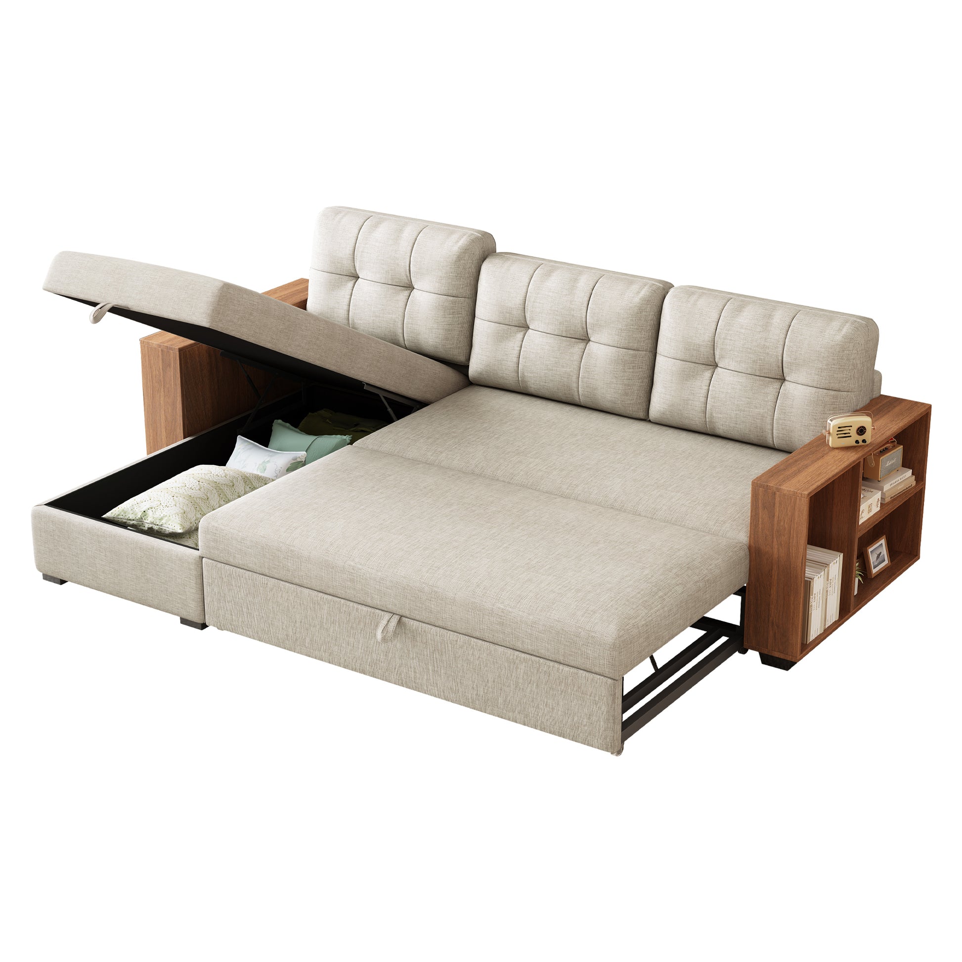 Upholstered Pull Out Sectional Sofa With Storage Chaise, Convertible Corner Couch, Beige Wooden Handrail Beige Wood Medium Soft Pillow Back Modern Square Arms Linen 3 Seat