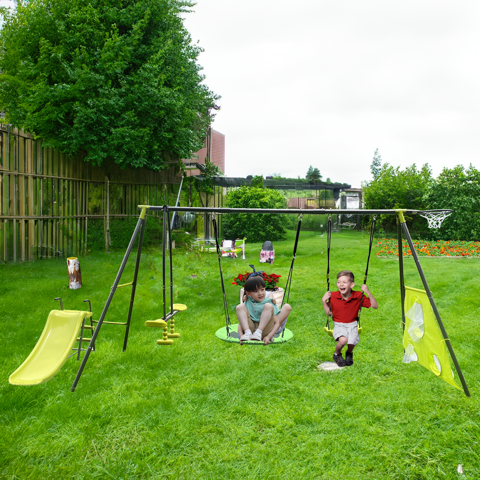 Xns052 Green And Blue Interesting Six Function Swingset With Net Swing Metal Plastic Safe Swing Set 440Lbs For Outdoor Playground For Age 3 With 31.5In Net Swing Green Steel