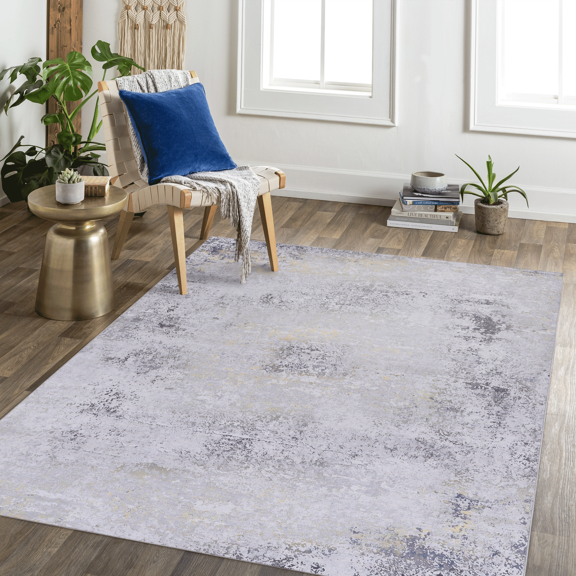 3X5 Area Rug, Washable Rug, Low Pile, Non Slip, Non Shedding, Foldable, Kid & Pet Friendly Area Rugs For Living Room, Bedroom, Kitchen, Dining Room Rug Perfect Gifts, Gray Gold, 3' X 5' Gray Chenille Polyester