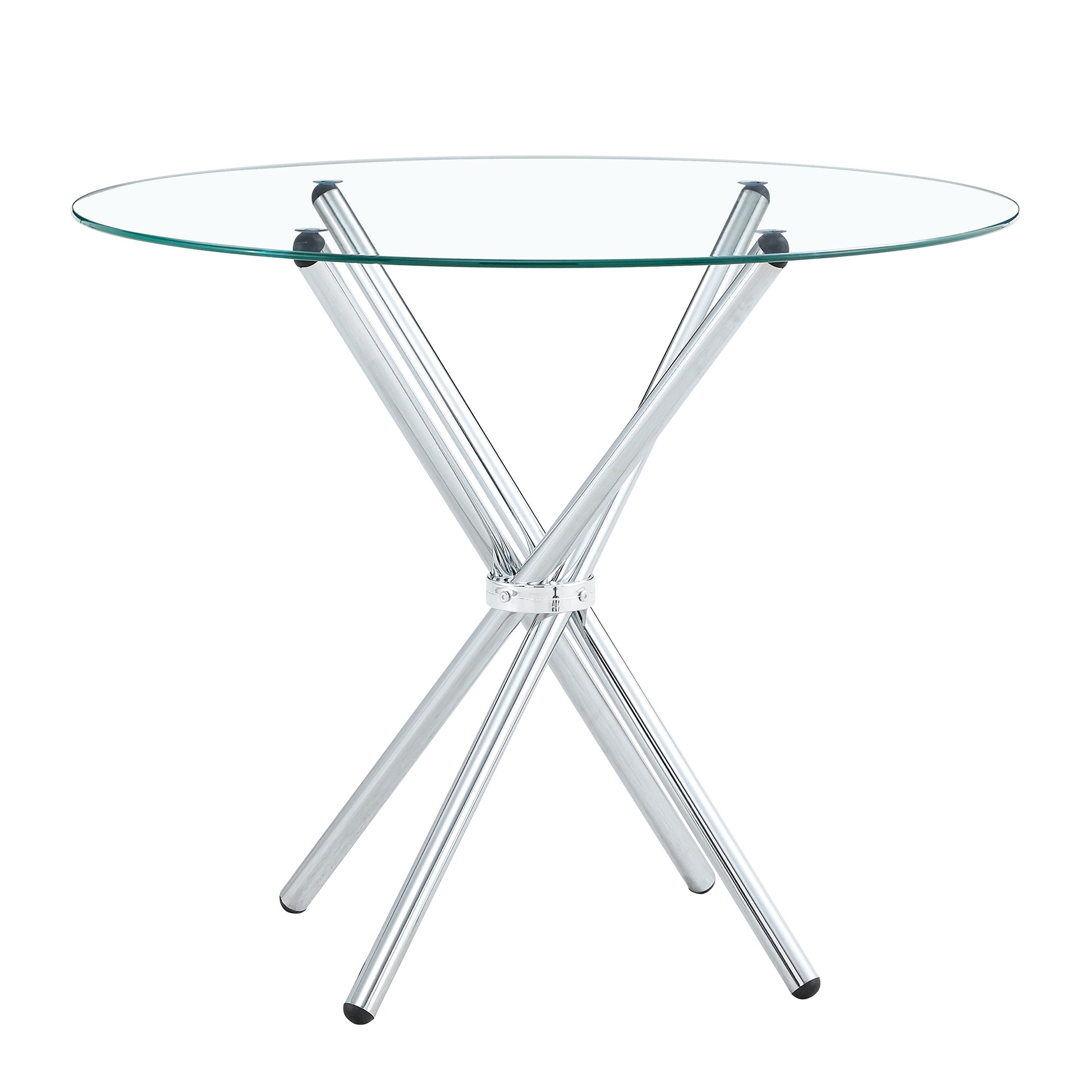 Round Clear Glass Dining Table With A Unique Shape For 4 6 People, With Ring Shaped Gathered Silver Metal Legs, Suitable For Desks, Kitchens, Terraces, Dining Rooms. Silver Glass Metal