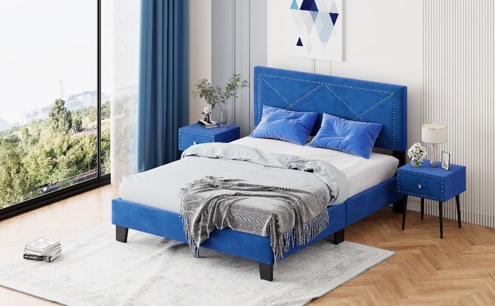 Simple Queen Size Upholstered Bed Frame With Rivet Design, Modern Velvet Platform Bed With Headboard, Blue Queen Blue Bedroom Bed Frame Velvet Solid Wood Mdf