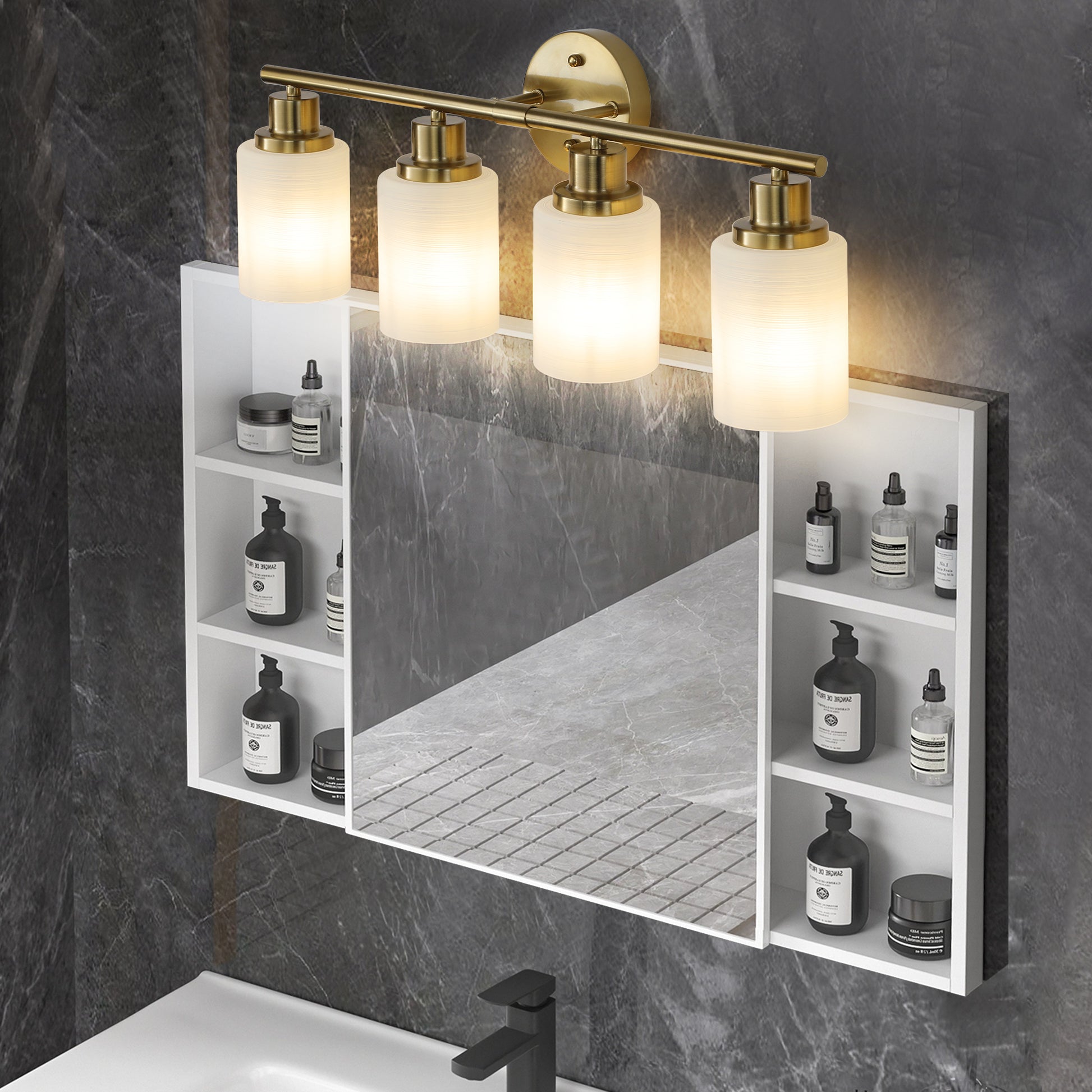 4 Light Golden Bathroom Vanity Light Fixture, Frosted Glass Shades, Modern Wall Mounted Lighting No Bulbs Golden Glass Iron