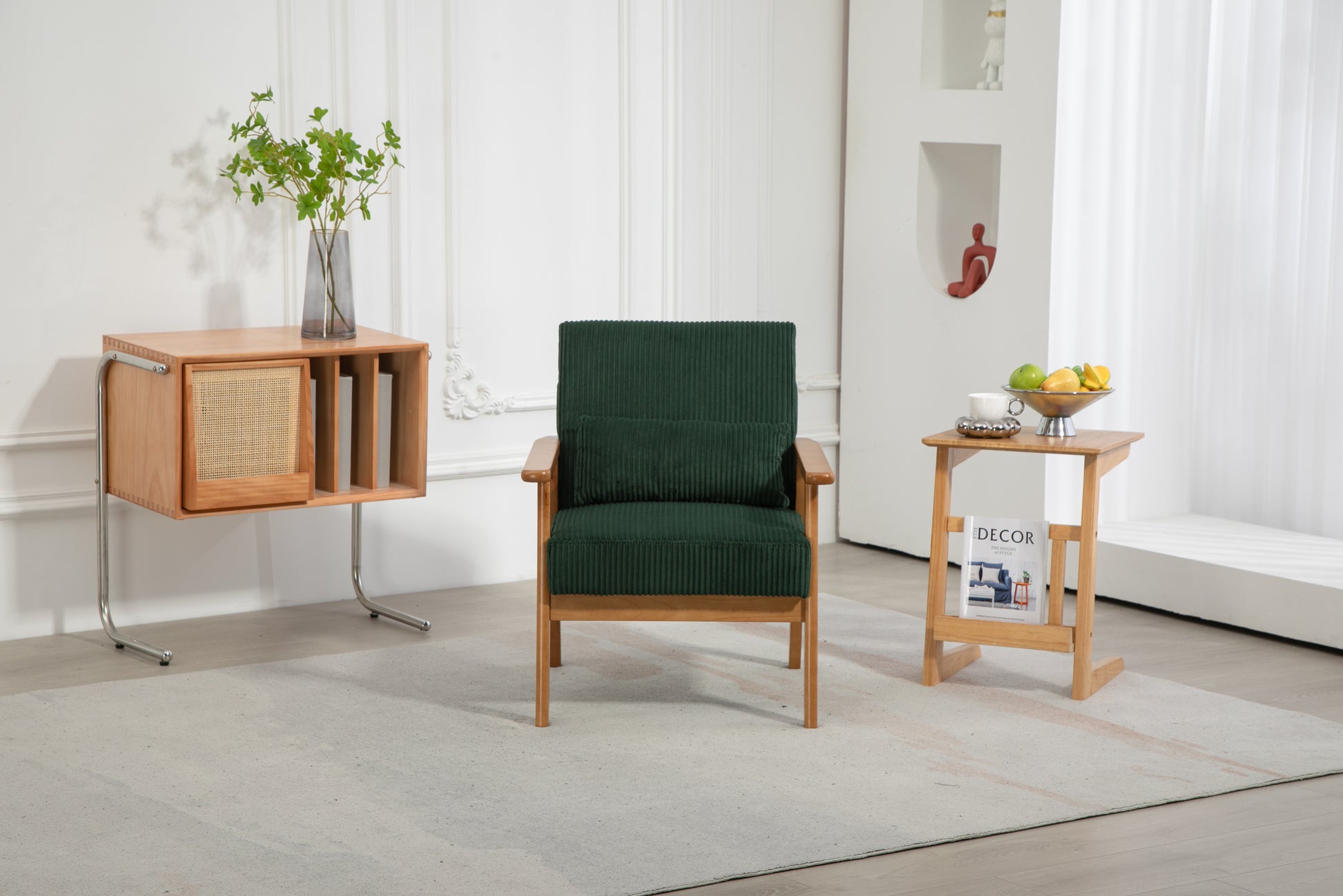Leisure Chair With Solid Wood Armrest And Feet, Leisure Chair, Wood Frame, Velvet, L, Solid Rubber Wood Legs, Mid Century Modern Accent Chair, For Living Room Bedroom Studio Chair Emerald Corduroy